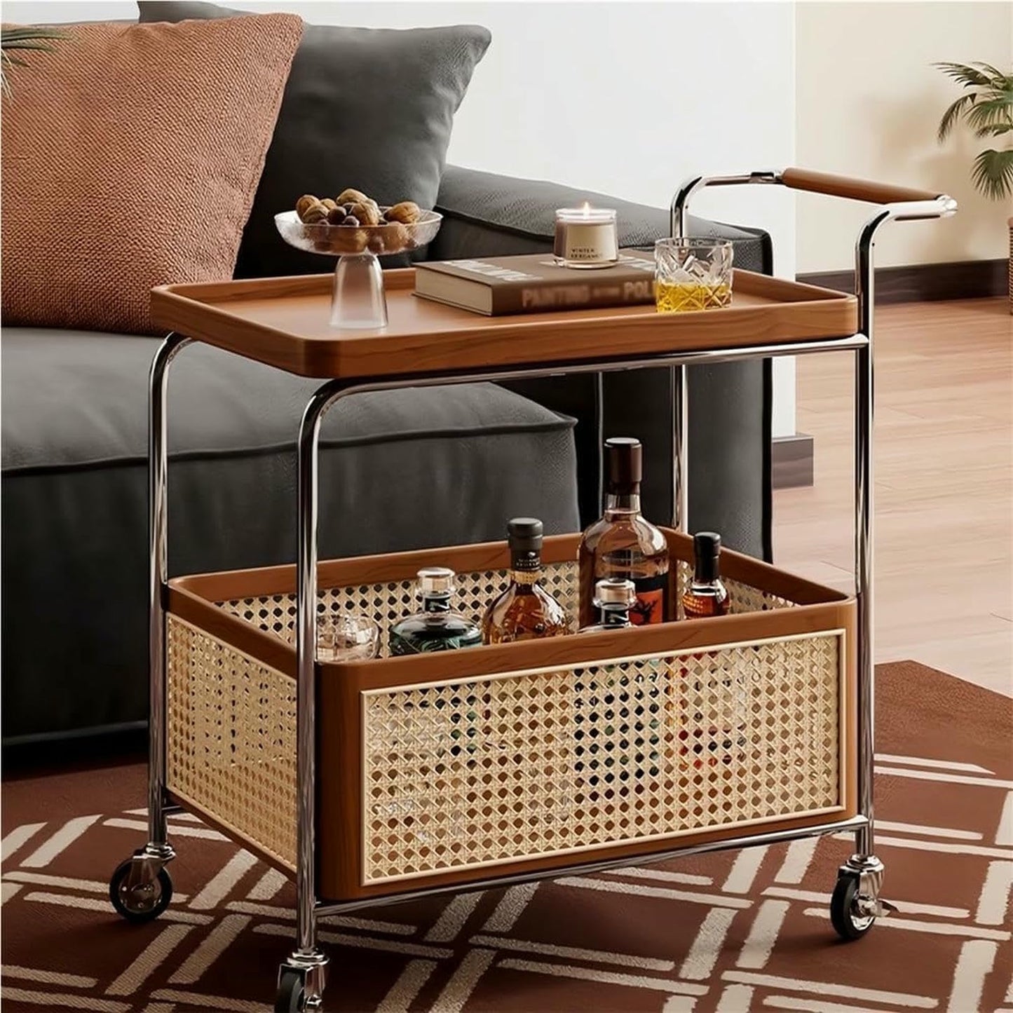 MNJVCFDS Rattan Side Table with Wheels Rolling 2-Layer Coffee Table Storage End Table Rattan Basket Wood Frame for Living Room Bedroom Long Lasting