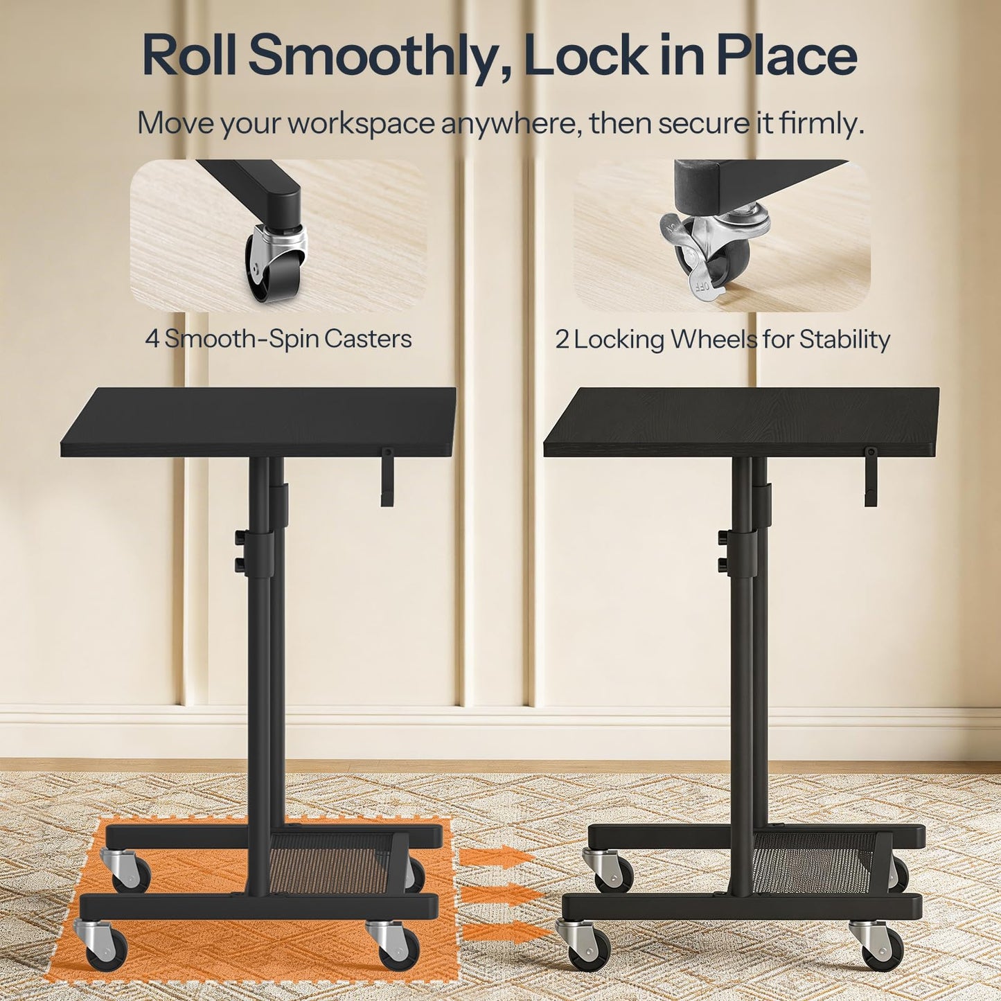 HOOBRO Standing Desk, Rolling Desk Adjustable Height, Portable Podium Stand, Mobile Stand Up Desk with Locking Wheels and Hooks, for Home Office and Living Room Use, Black BB01ZJ01