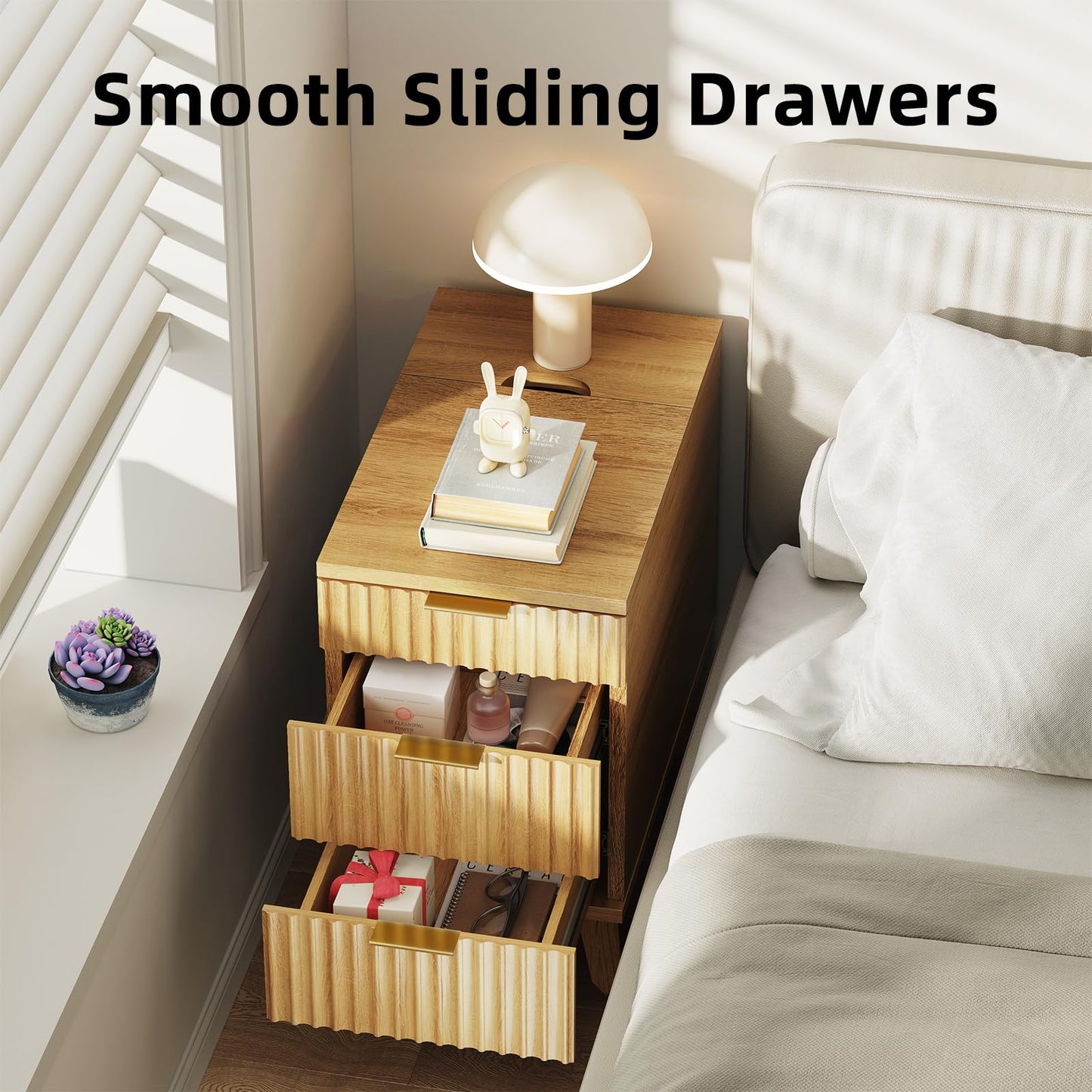 Kalrin Charging Nightstand with Hidden Outlets & 3 Drawers, Modern End Table, Bedside Table with USB Ports, Wave Groove Design, Compact Size, Heavy Duty Engineered Wood, Natural Wood Color