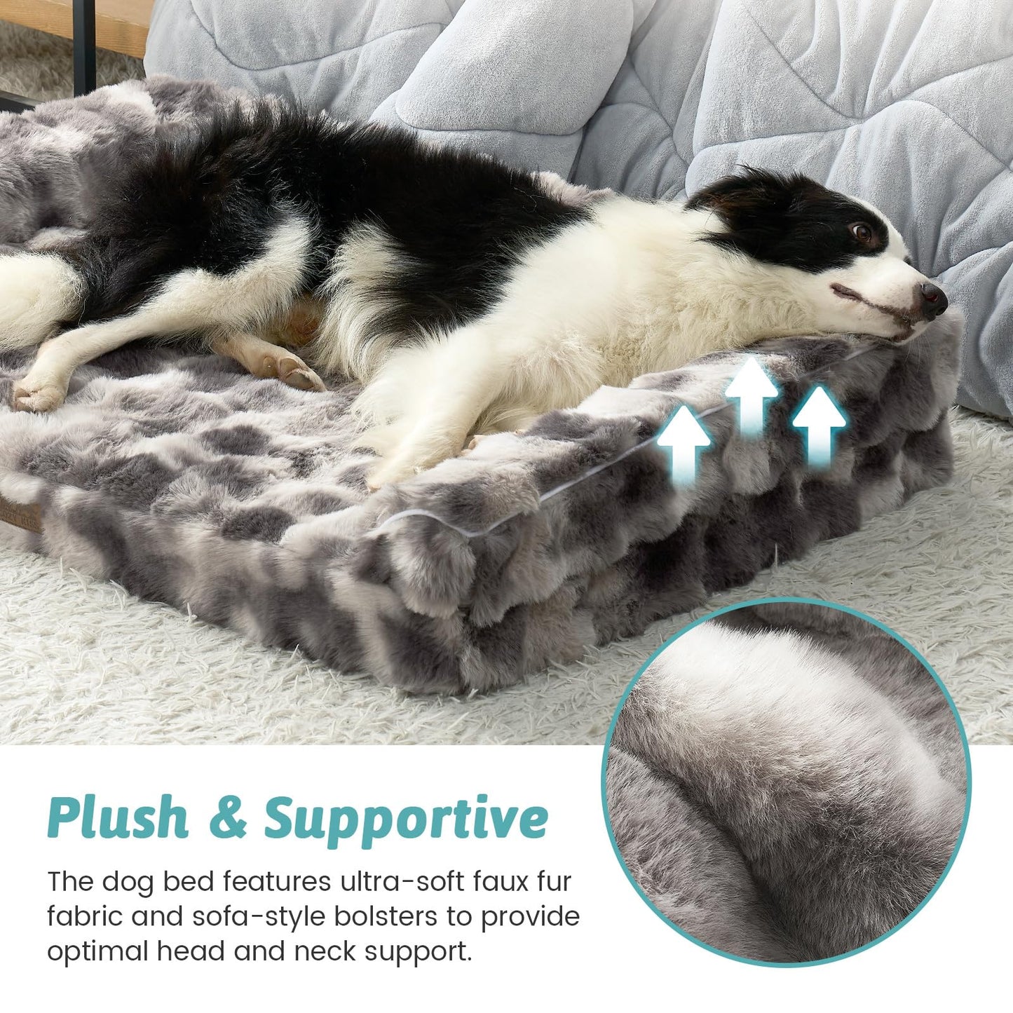 Faux Fur Orthopedic Dog Bed, Extra Large Dog Bed, Supportive Foam Pet Sofa with Waterproof Lining Cover, Washable U-Shaped Pet Couch with Anti-Slip Bottom Design, Tie-dye Grey XXL 48x32x8 inch