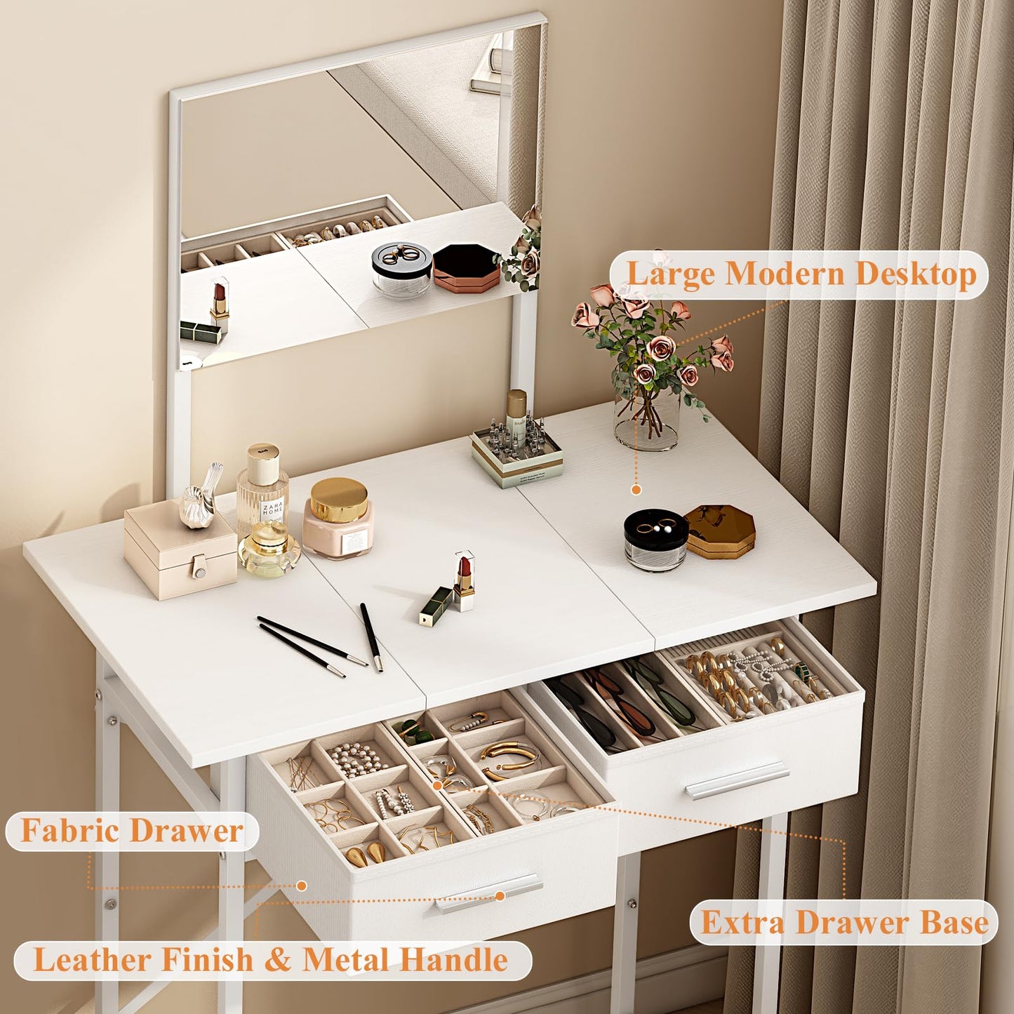 Jakyitvi Small Vanity Desk with Mirror and Drawers, White Makeup Vanity Table with Storage, Compact Vanity for Bedroom, Modern Makeup Desk for Girls, Space-Saving Vanity Table