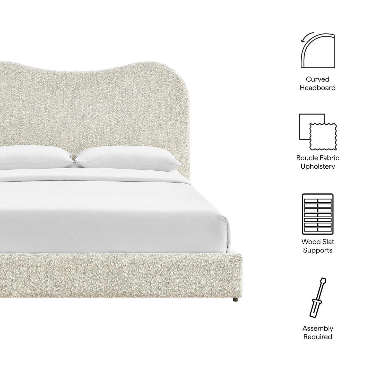 Seluna Queen Size Boucle Platform Bed in Pearl with Curved Headboard – Upholstered Queen Bed Frame with Wood Slats