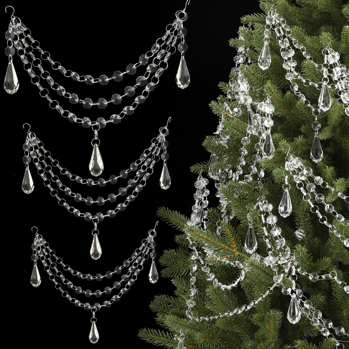 Pinkunn 12 Pcs 3-Layer Crystal Garland for Christmas Tree 20in 16in 12in 3-Layer Acrylic Bead Garland Hanging Christmas Decorations Indoor Home Decor for Home Xmas Wedding Party Decor(Teardrop)