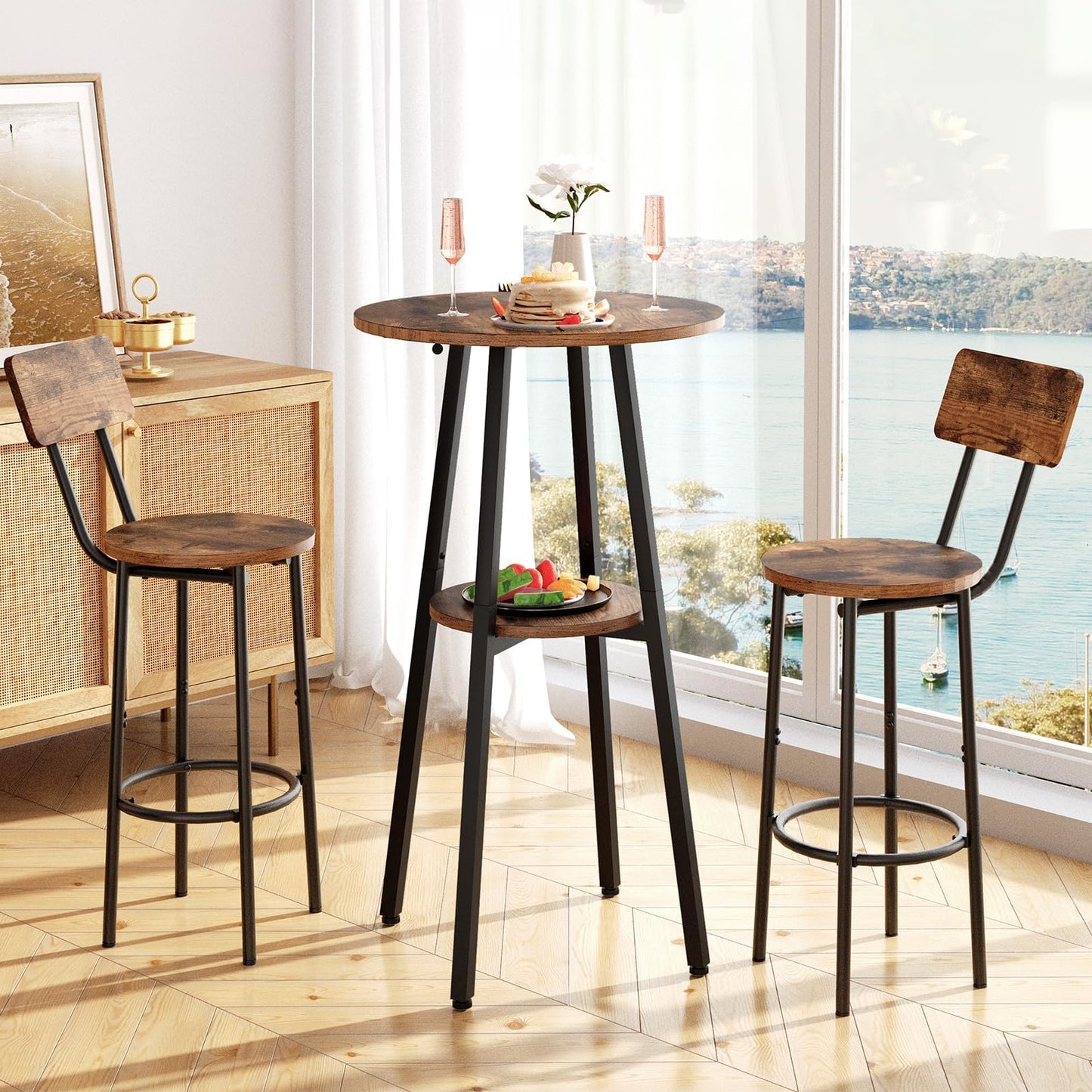HOOBRO 3 Pieces Round Bar Height Table and Chairs Set, Round Dining Table Set, Pub Table and Chairs for Small Space, 2 Tier Kitchen Table and Bar Stools with Back, Rustic Brown BF35BT01