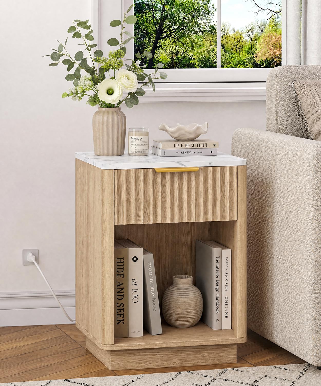 Akxomel Fluted Nightstand, Wooden Night Stand with Charging Station and LED Light, Modern Bedside Table with Drawer and Faux Marble Top, 15" D x 15.7" W x 22.6" H, for Bedroom, Natural Oak and White