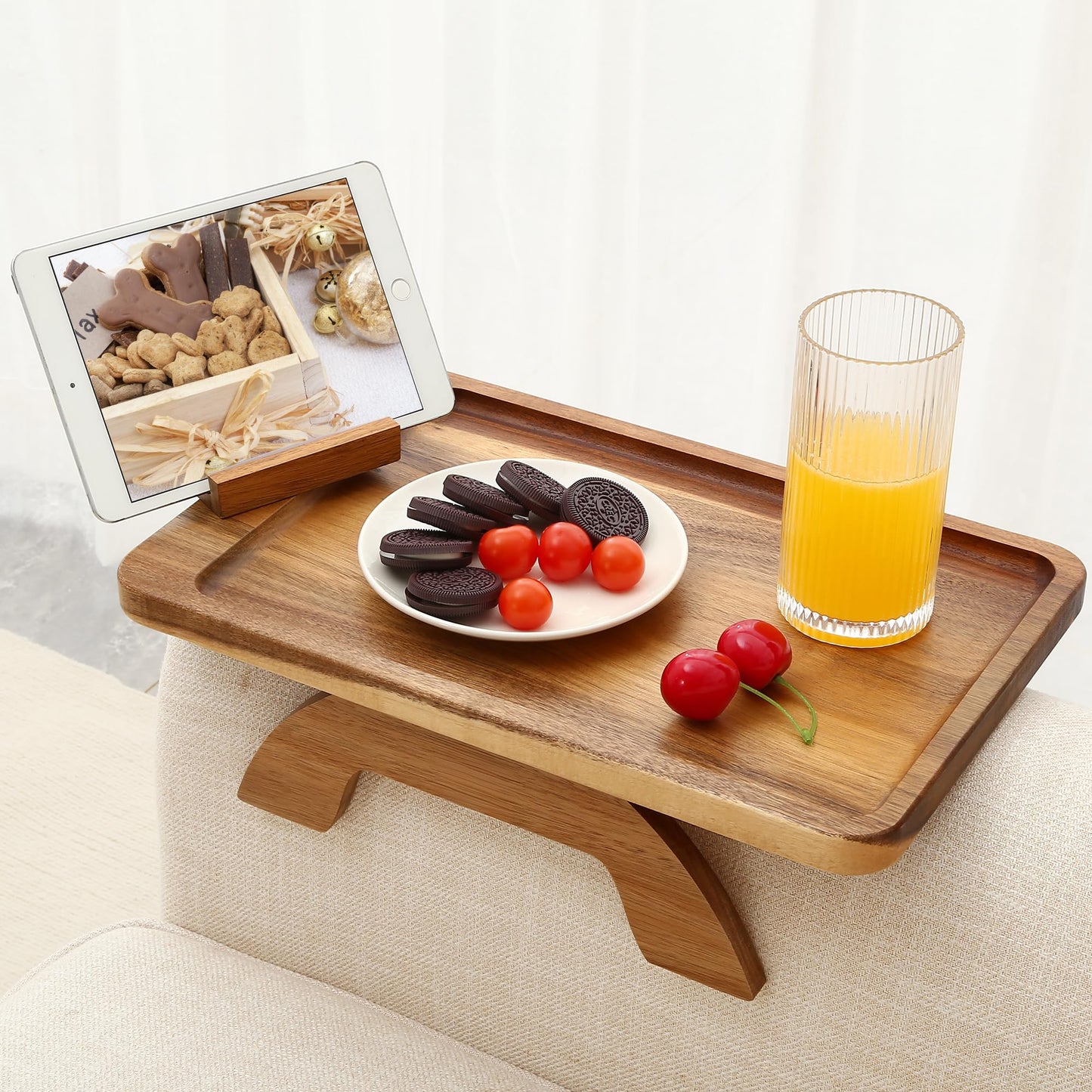 SINWANT Couch Arm Tray, Acacia Wood Sofa Arm Rest Table Clip on Wide Armrest,Folding Anti Slip Couch Armrest Table with 360° Rotating Phone Holder for Snacks,Drinks,Remotes