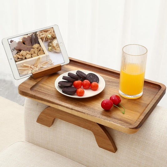 SINWANT Couch Arm Tray, Acacia Wood Sofa Arm Rest Table Clip on Wide Armrest,Folding Anti Slip Couch Armrest Table with 360° Rotating Phone Holder for Snacks,Drinks,Remotes