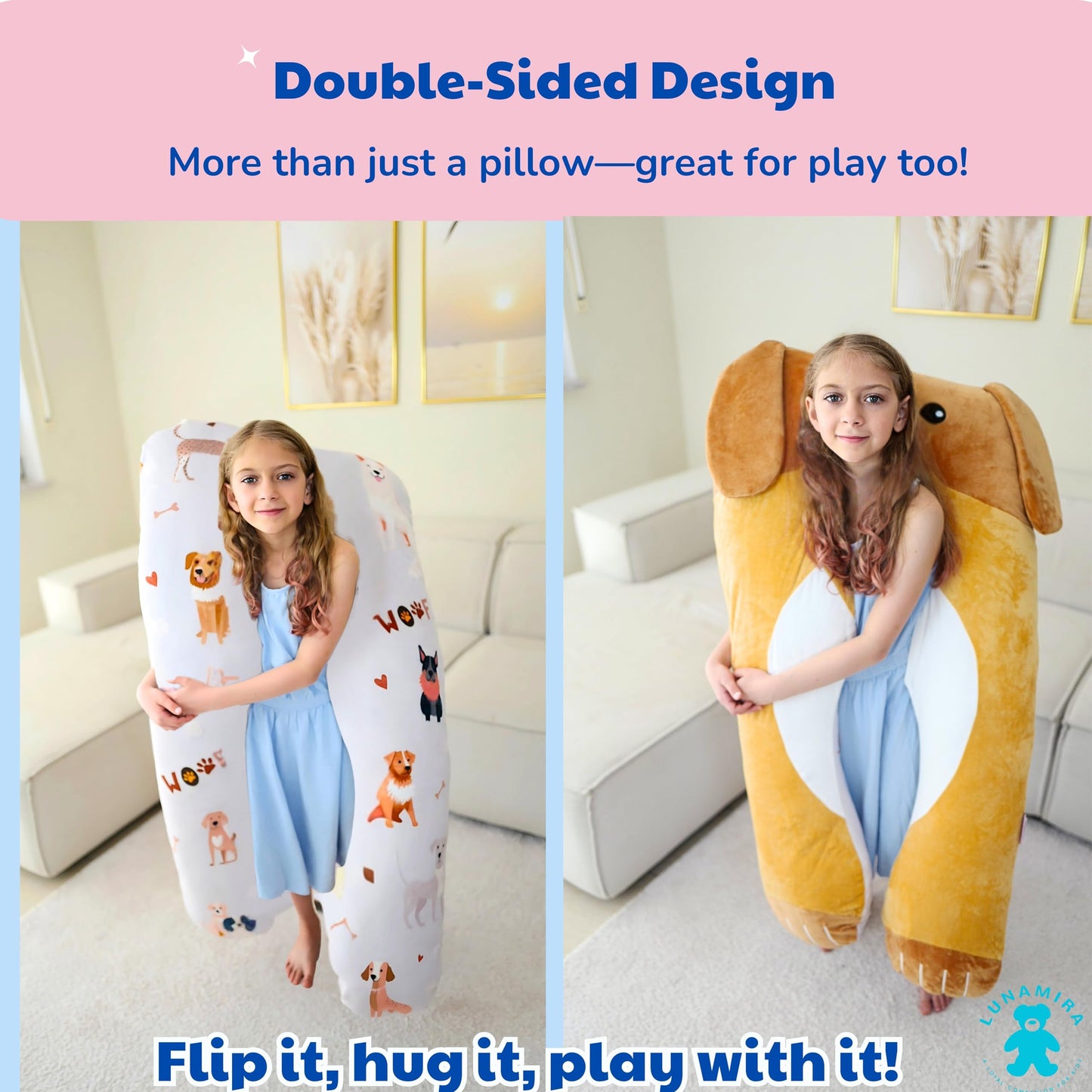 LUNAMIRA Dog Kids Body Pillow - 47" U-Shape Long Plush Soft Animal Pillow for Sleeping, Reading, ADHD & Special Needs Comfort, Anxiety, Washable Cover, Snuggle Fun Cuddle Pillow for Boys & Girls