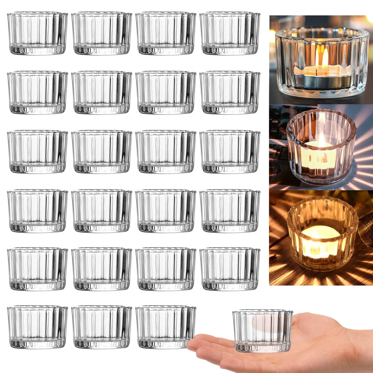 GOLDEAL Round Tealight Candle Holders,Set of 24 Clear Thick Glass Tea Light Candle Holder Decor,Candlestick for Wedding Decor,Party,Baby Shower Party,Bridal Shower Party,Table Centerpiece, Home Décor