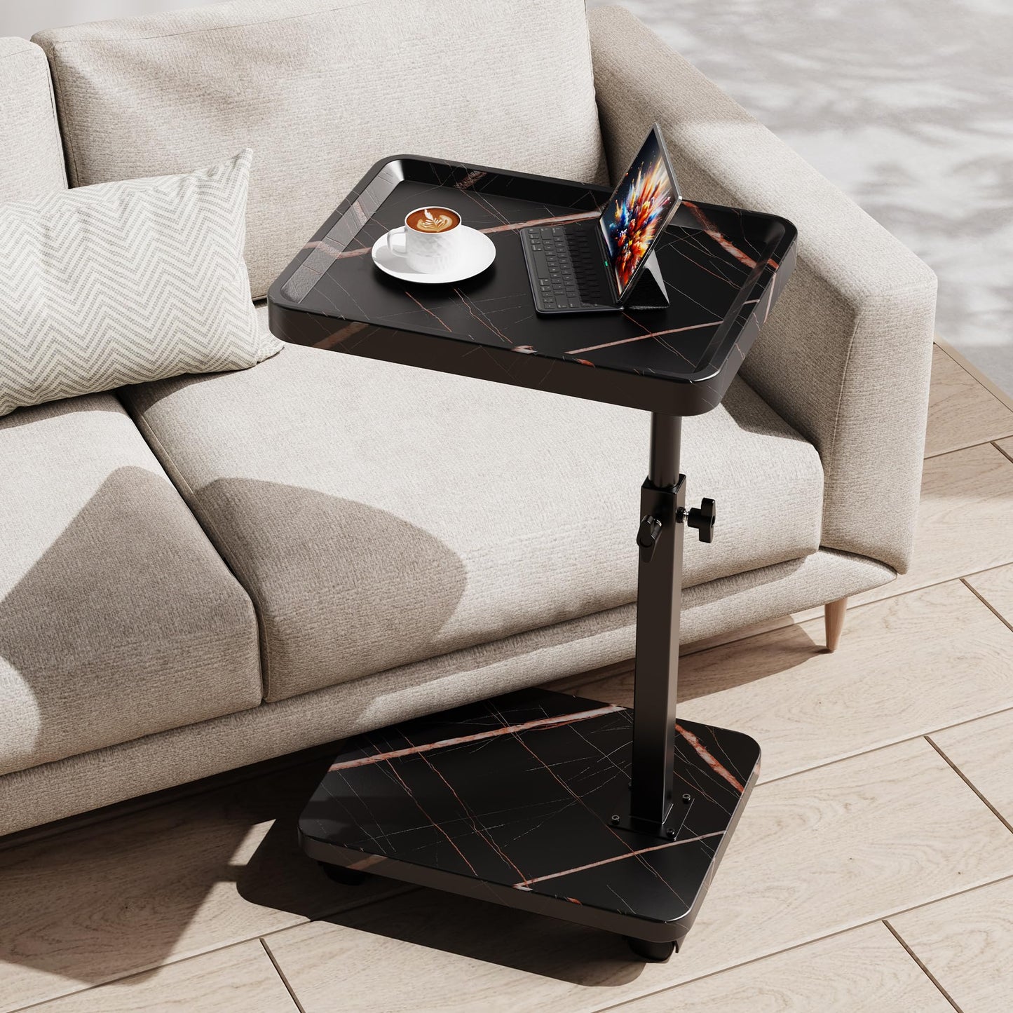 SJIE C Table End Table Adjustable Height, 360°Swivel TV Tray Table for Small Spaces, Side Tables with Wheels for Living Room and Bedroom, Bed (Black-15.7 x 11.8 inches)