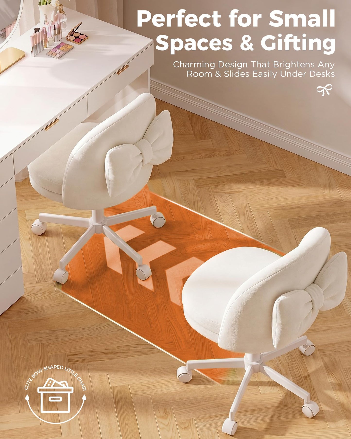 GTPLAYER Velvet Tall Office Chair with Wheels Vanity Chairs with Back, Versatile Height Use: Office to Bar Stools Small Ergonomic Comfy Armlees Computer Desk Chair with Bow Lumbar Pillow for Gift