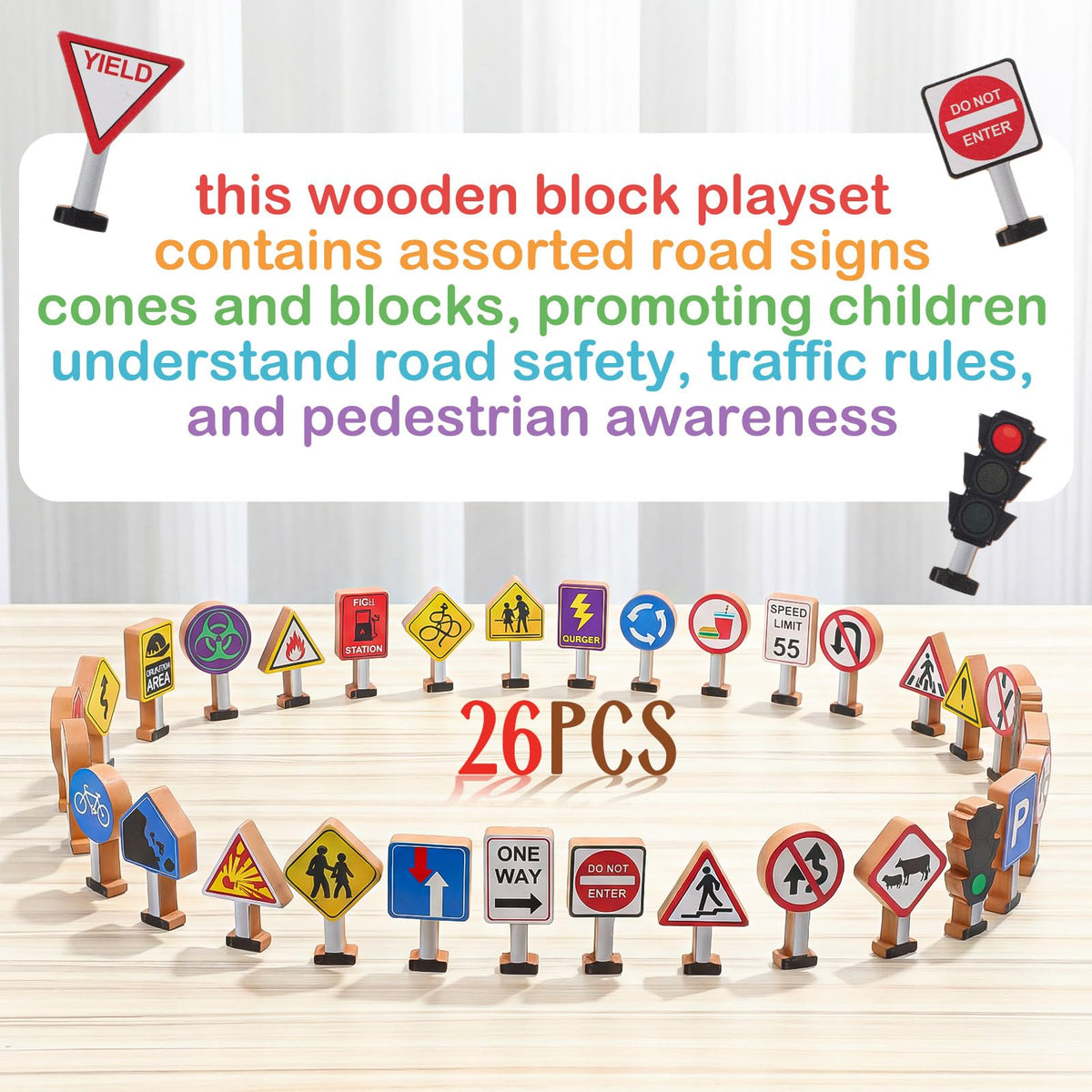 Blosssound Wooden Toys Set for Preschool Classroom - Multicultural Career People Blocks Educational Wooden Play for Kids Learning Toys Play Games Activity Supplies(32 Pcs,Traffic Signals)