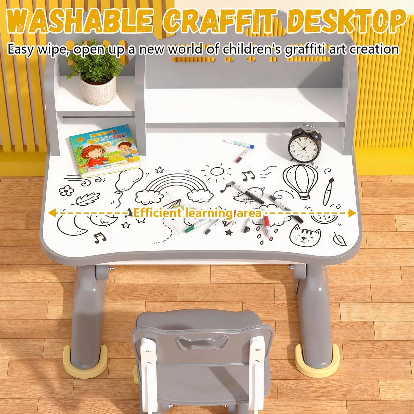 Kids Study Desk and Chair Set - Height Adjustable Study Writing Table with Bookstand and Storage Drawer, Child School Study Writing Table Ergonomic Widened Desktop Art Desk for Boy & Girl (Grey)