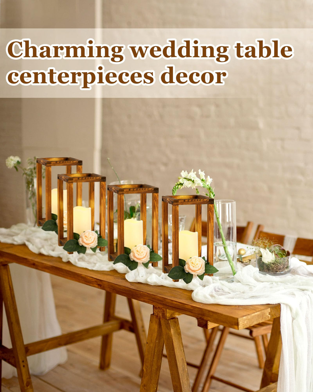 Huquary 32 Pcs/16 Set Wooden Wedding Lantern Centerpiece Include Farmhouse Candle Holders and Flameless LED Candles for Rustic Wedding Table Decoration