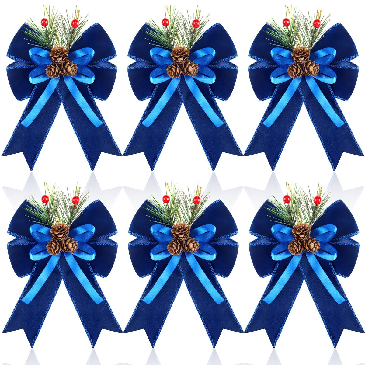 Syhood 6 Pcs Christmas Bows with Pine Cones Pine Needles Xmas Blue Velvet Bows Blue Velvet Ribbon Christmas Tree Wreath Decoration for Xmas Parties Indoor Outdoor Crafts DIY Decor