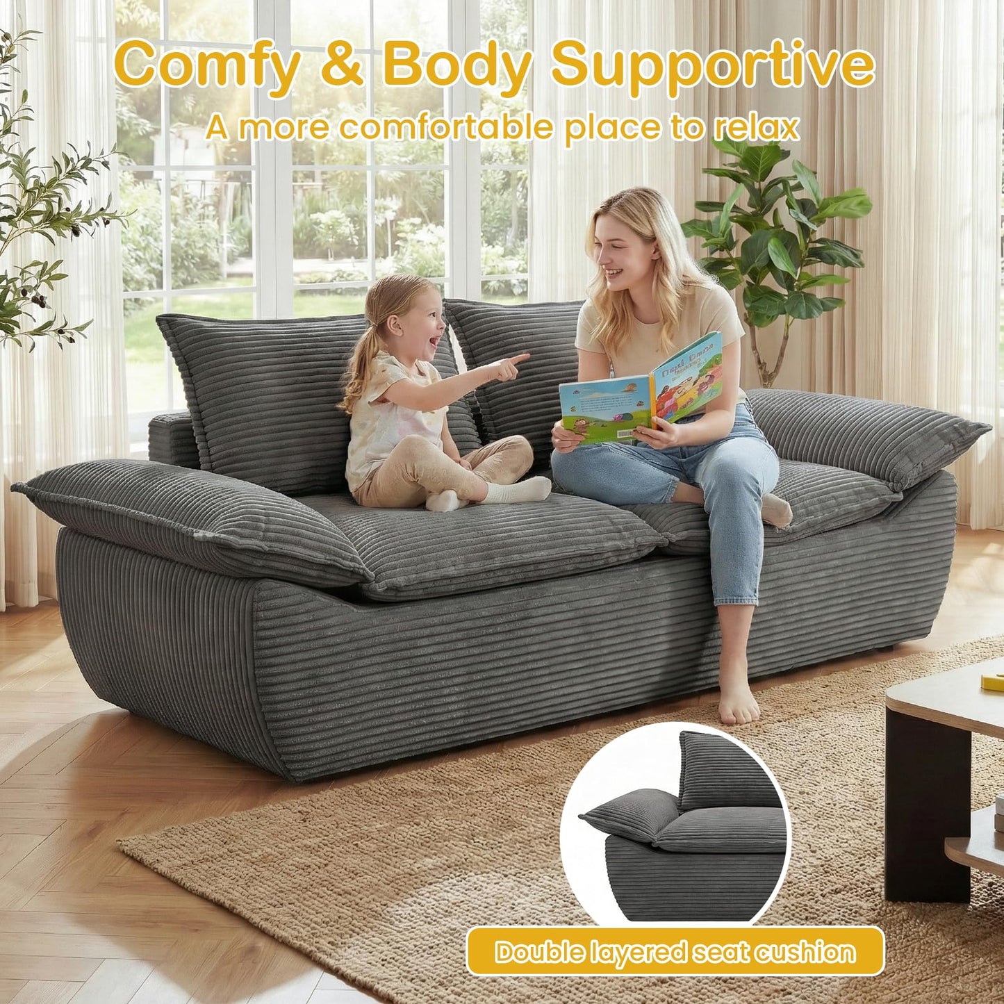 AOLVDOW Boneless Loveseat 56", 2-Seater Gray Boneless Sofa with Removable Cushions & 2 Pillows, Small Boneless Couch Compress Foam Sofa for Living Room, Apartments, & Office