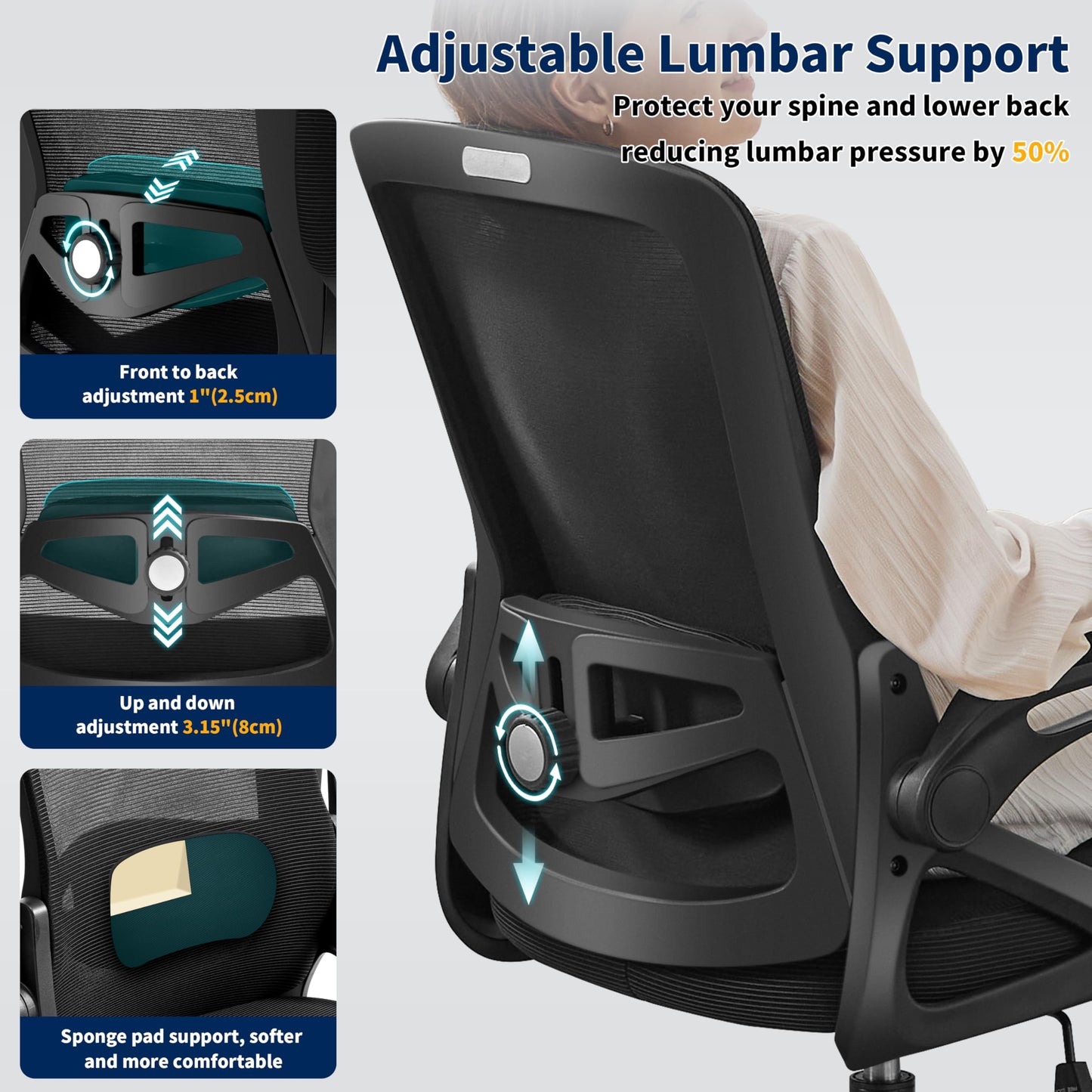 Nexthro Ergonomic Office Chair, Desk Chair with Adjustable Lumbar Support, Breathable Mesh Comfy Computer Chairs with Flip-up Armrests Executive Task Chair for Adults Home Office (4Pcs)