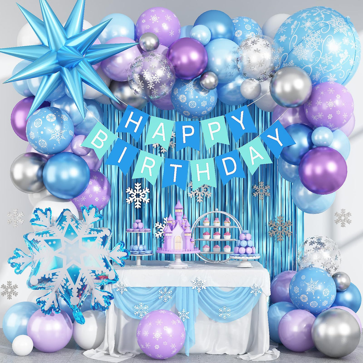 Winter Snow Birthday Party Decorations, 4D Snowflake Winter Wonderlan Balloon Garland Arch Kit Blue Purple Silver Balloons for Princess Baby Its Cold Outside Onderland Birthday Party Decoration