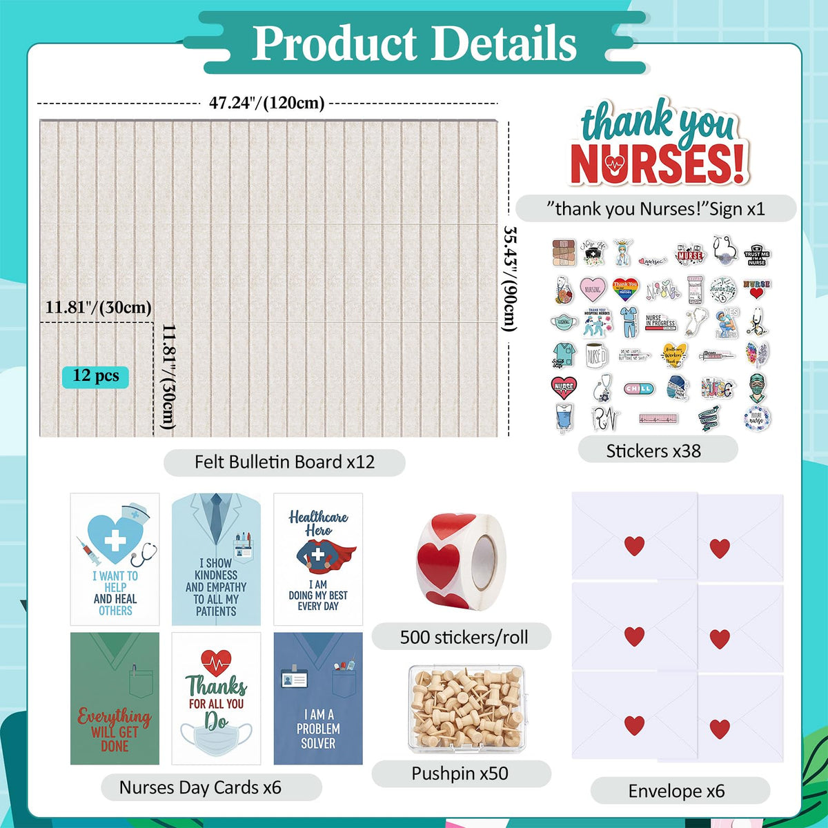 Nuanchu Nurse Week Decorations Kit for Hospital & Graduation 612 PCS Appreciation Felt Bulletin Board, Nurse Thank You Cards, Stickers & Pushpins Party & Appreciation Wall Display, 47.2" x 35.4"