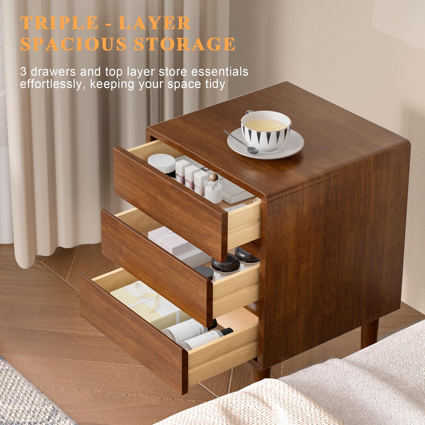 Nightstand with 3 Drawers Narrow Night Stand Solid Wood Bedside Table Mid Century Modern Nightstand Wooden End Table for Bedroom, Study, Office
