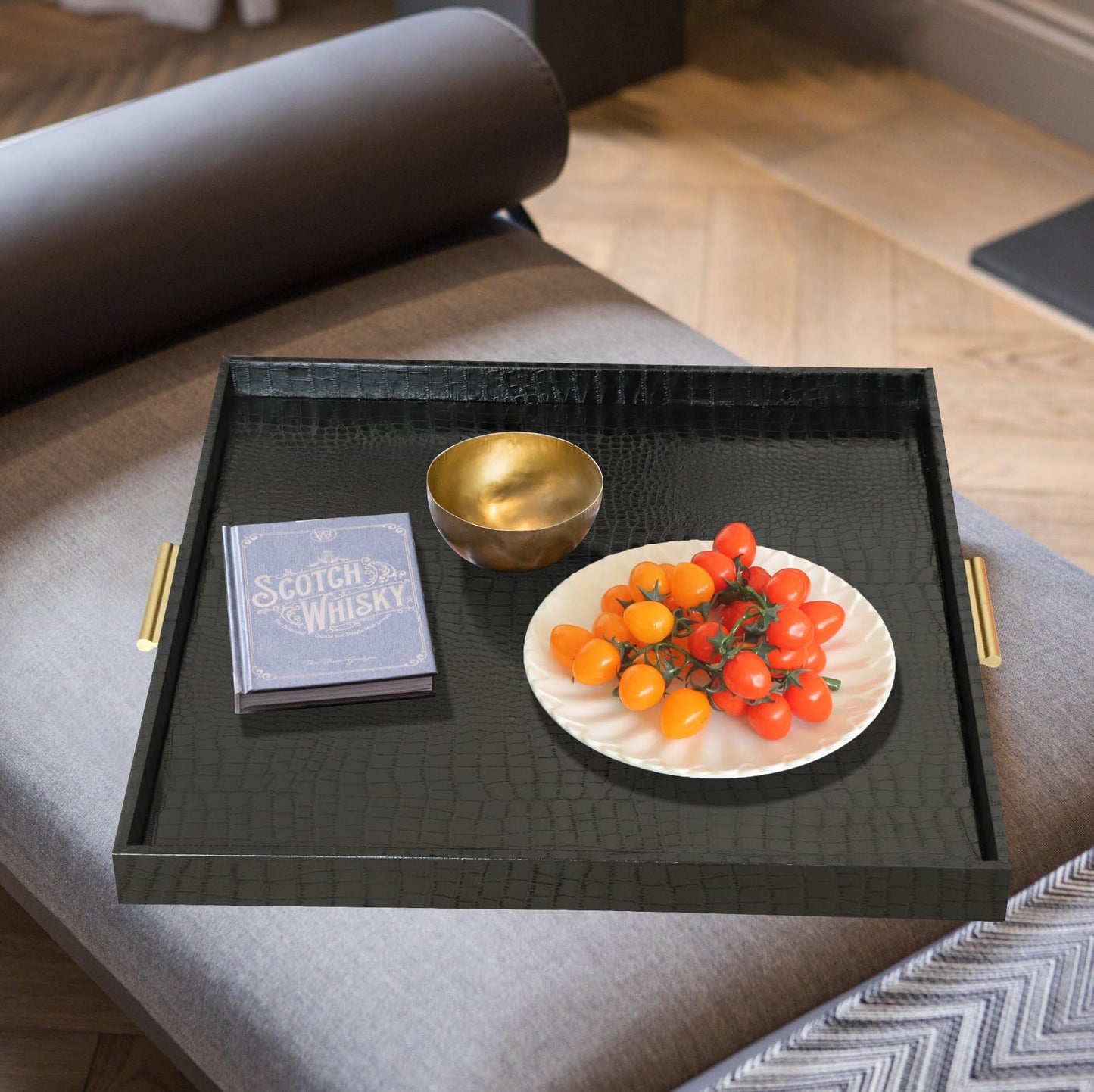 HofferRuffer Extra Large Square Serving Tray, Elegant Faux Leather Ottoman Tray with Gold Hardware Handles, Serve Tea, Coffee or Breakfast in Bed, 24 x 24 inches (Black Croco)