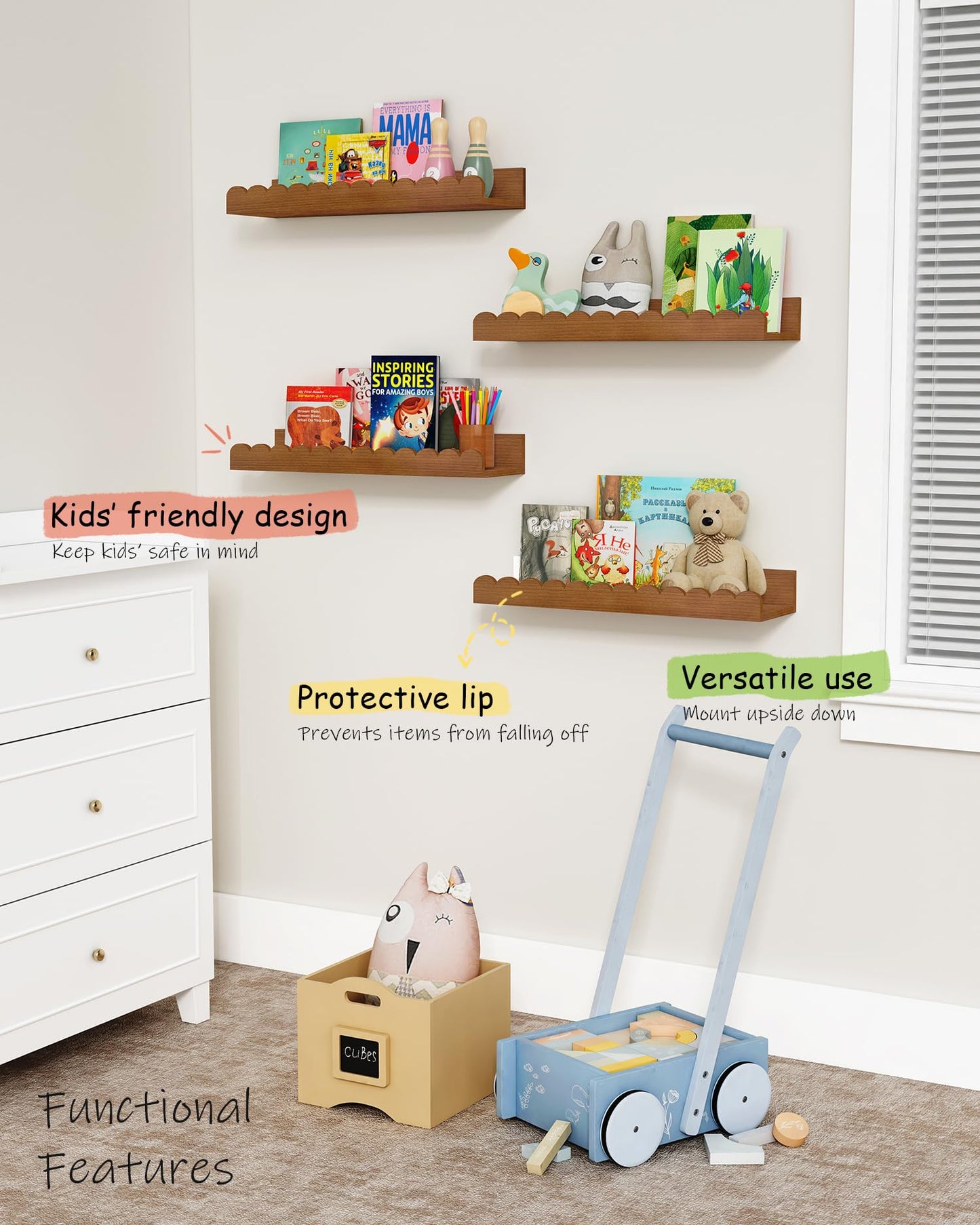 Harwaya Walnut Nursery Book Shelves Wall Set of 4, Dark Wood Scalloped Floating Bookshelf for Wall, Cloud Wooden Hanging Shelving Unit for Kids Bedroom Baby Child Toddler Room Kitchen (Walnut Brown)