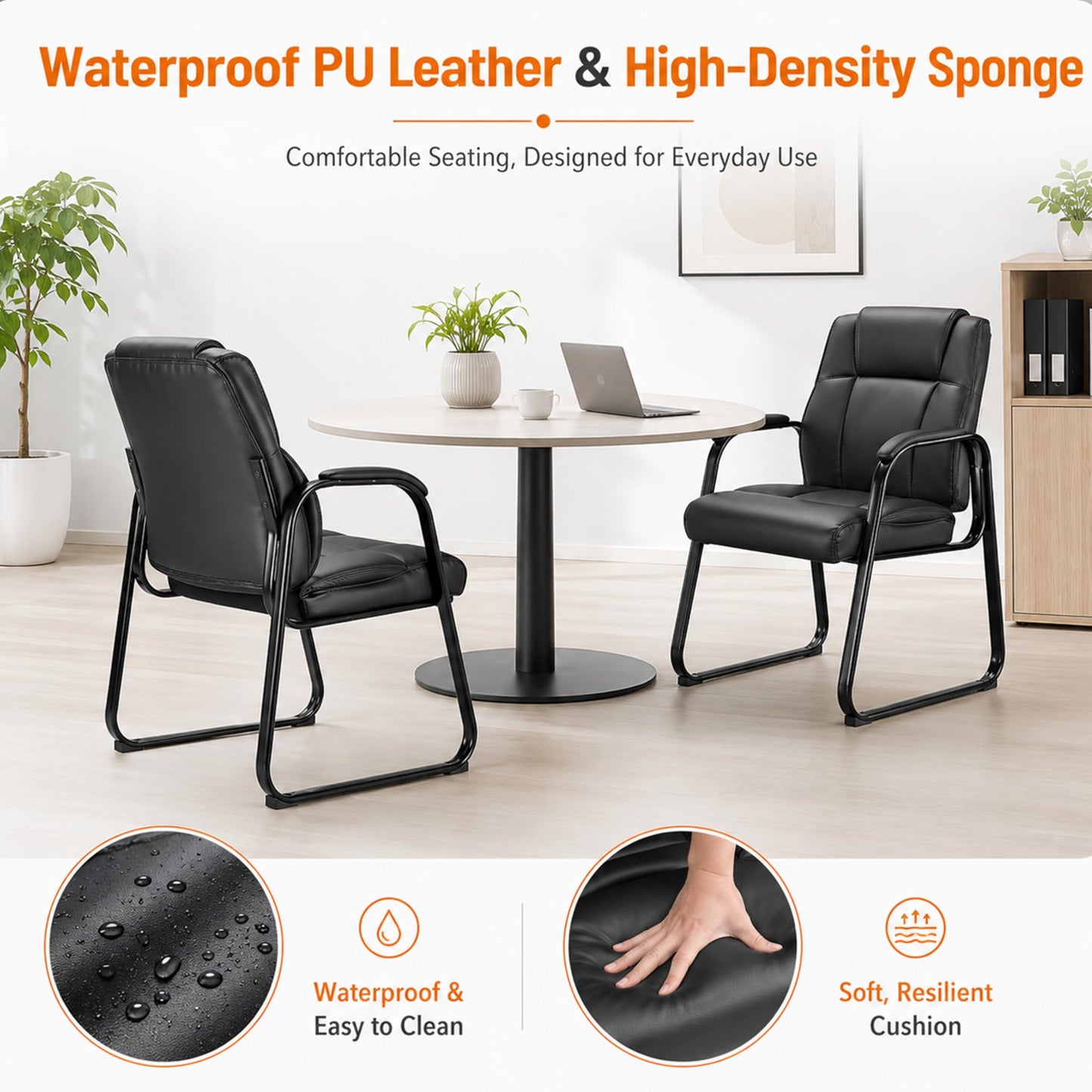 Simple Deluxe Leather Guest Chairs with Padded Arms & Sled Base - Set of 2 Stationary No Wheel Waiting Room Chair for Conference Reception Rooms, Lobby, Home Office Computer Desk, Bedroom, Black