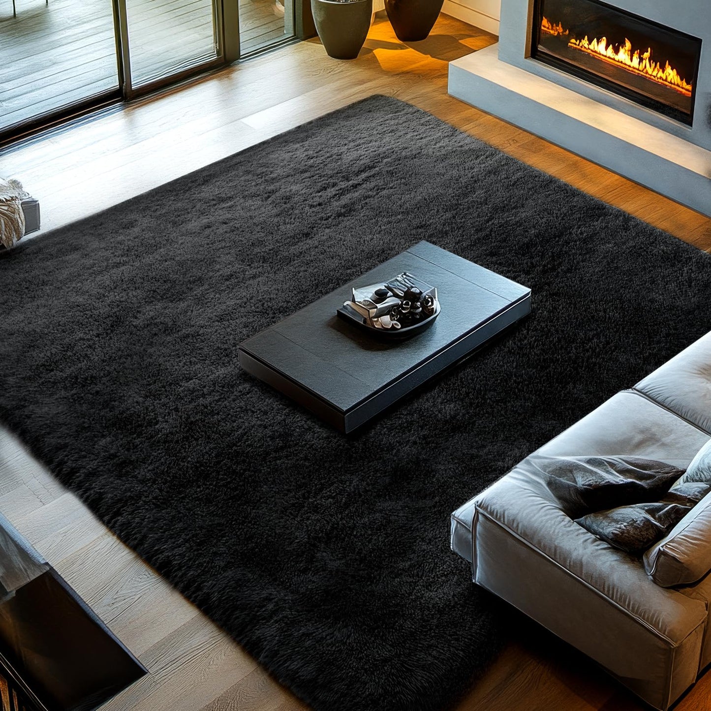 Topmaxcs Black Shag Area Rug Bedroom: 8x10 Shag Fluffy Area Rugs for Living Room- Plush Rugs for Bedroom- Large Fuzzy Soft Modern Rugs for Kids Room (Black, 8x10 Feet)