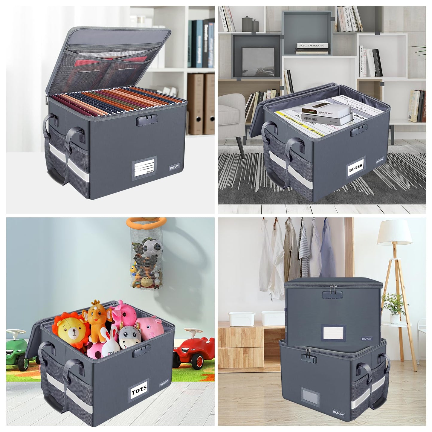 ENGPOW File Box with Lock, Fireproof Document Box with Pockets, Collapsible File Organizer Filing Storage Cabinet with Handle, Portable Home Office Safe for Hanging Letter/Legal Folders,Gray,2 Pack