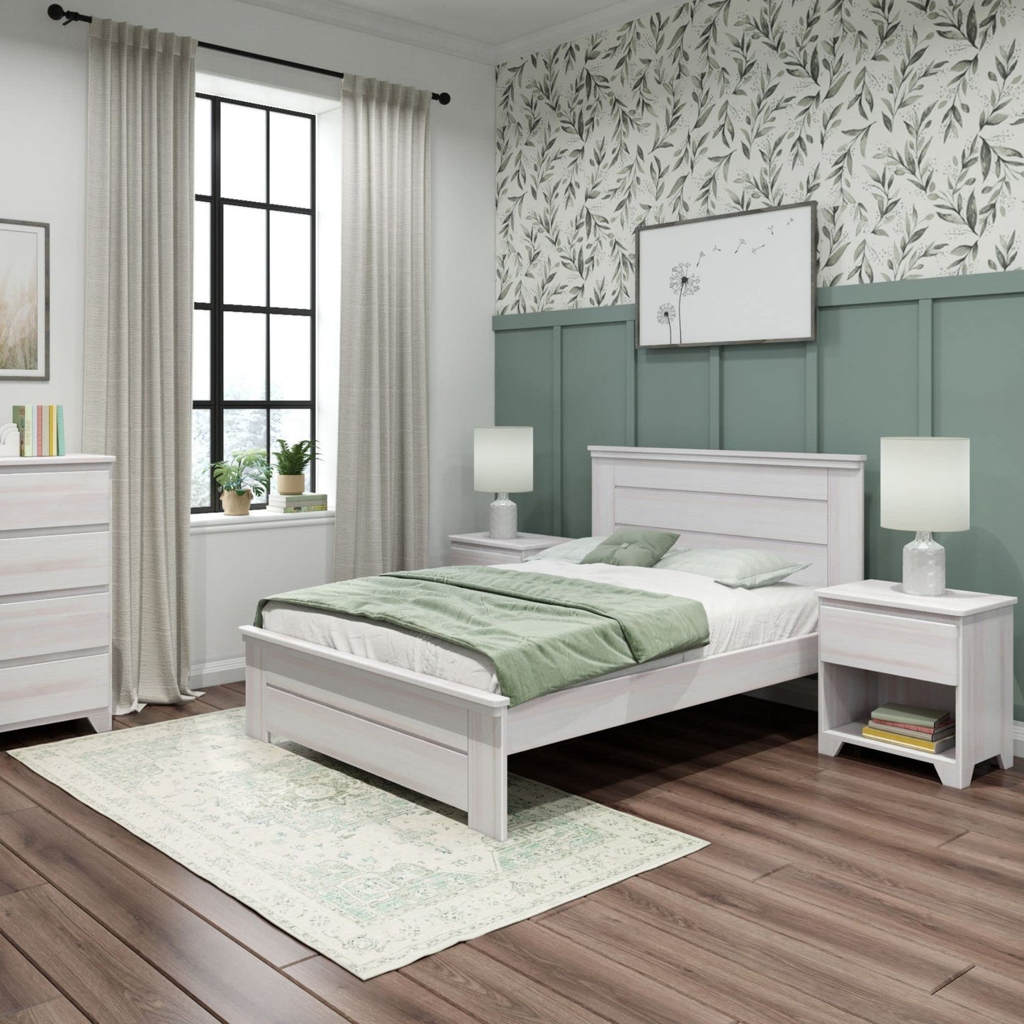 Max & Lily Modern Farmhouse Platform Bed with Panel Headboard, Full, White Wash