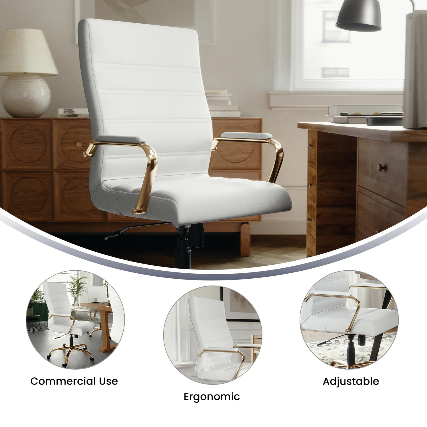 Flash Furniture Whitney Mid-Back Swivel LeatherSoft Desk Chair with Padded Seat and Armrests, Adjustable Height Padded Office Chair, 27"D x 26"W x 43"H, White/Gold