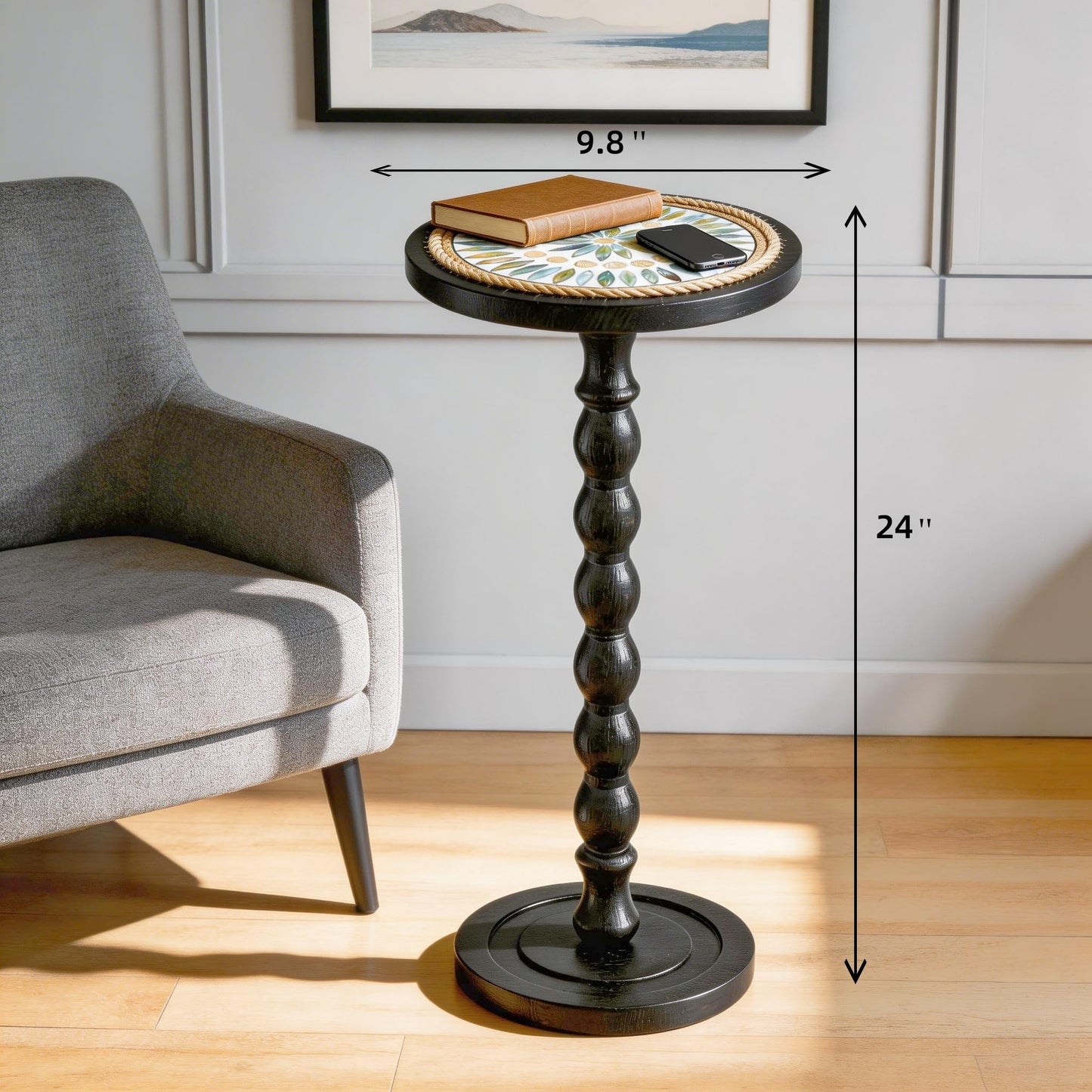 WALNDUX Round Side Table, Small Drink Table for Small Spaces, Rustic Accent Nightstand with Solid Wood Leg for Living Room, Bedroom, Corners, and Office, Handcrafted Finish (Black)
