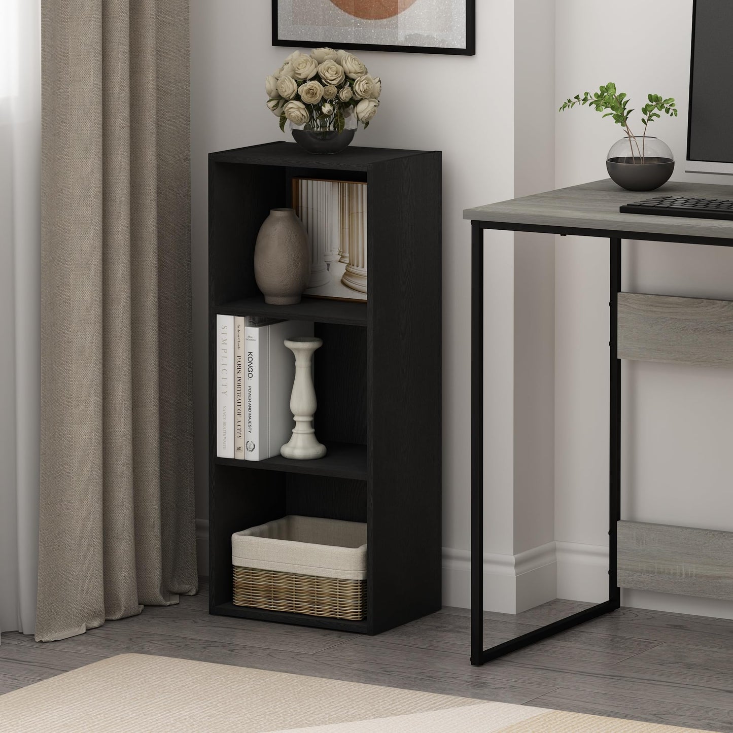 Furinno LUDER Book Shelf, 3-Cube Bookcase, Bookshelf, Open Storage Shelf, 9.3 x 12 x 31.5 Inches, for Home Office, Living Room, Darkwood
