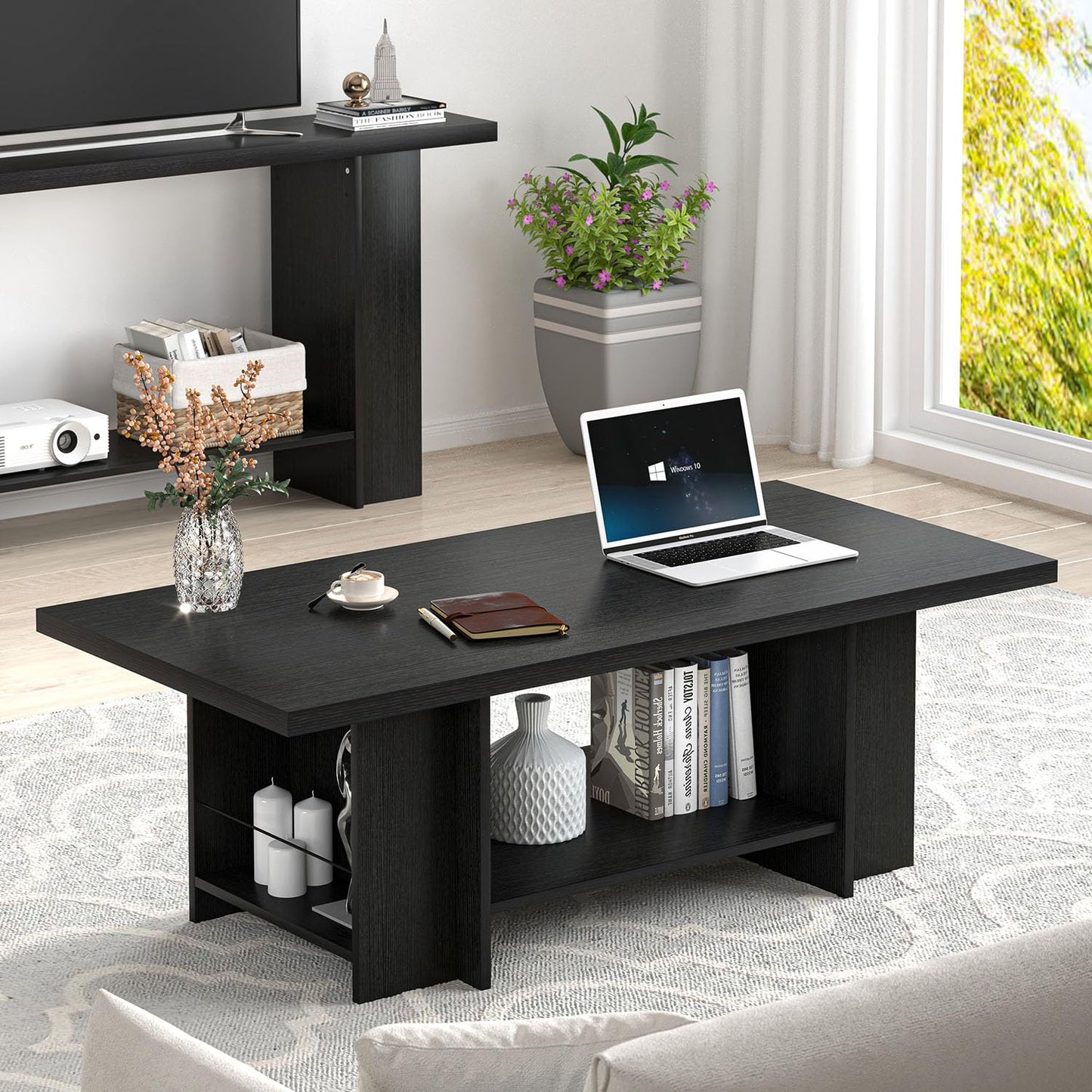 FOLUBAN Black Coffee Table with Storage Bottom Shelf & Side Shelves, Modern 2-Tier Living Room Center Table, Rectangular Wood Cocktail Tea Table for Home Office, 47 Inch