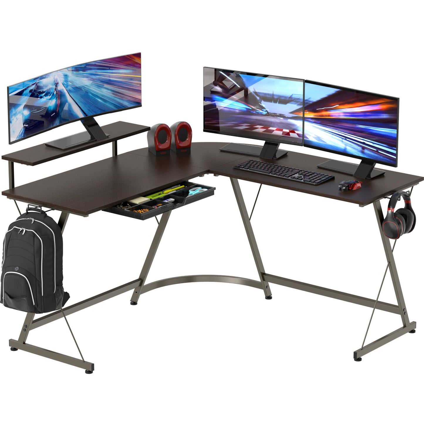 SHW 51 x 51 Inches Vista L-Shaped Desk with Monitor Stand and Drawer, Espresso
