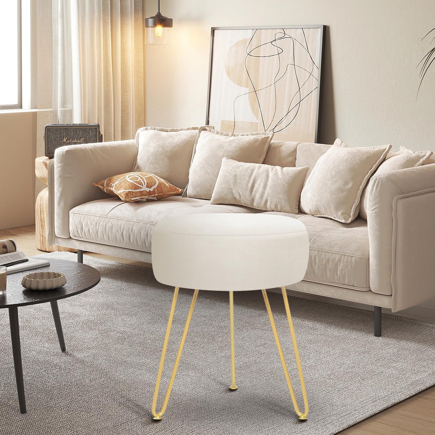 YOONIC Velvet Soft Modern Vanity Footstool -Round Footrest Stool Ottoman Side Table Seat Dressing with Golden Metal Leg and Sponge Filling,Upholstered Foot Rest,Living Room and Bedroom （Beige）