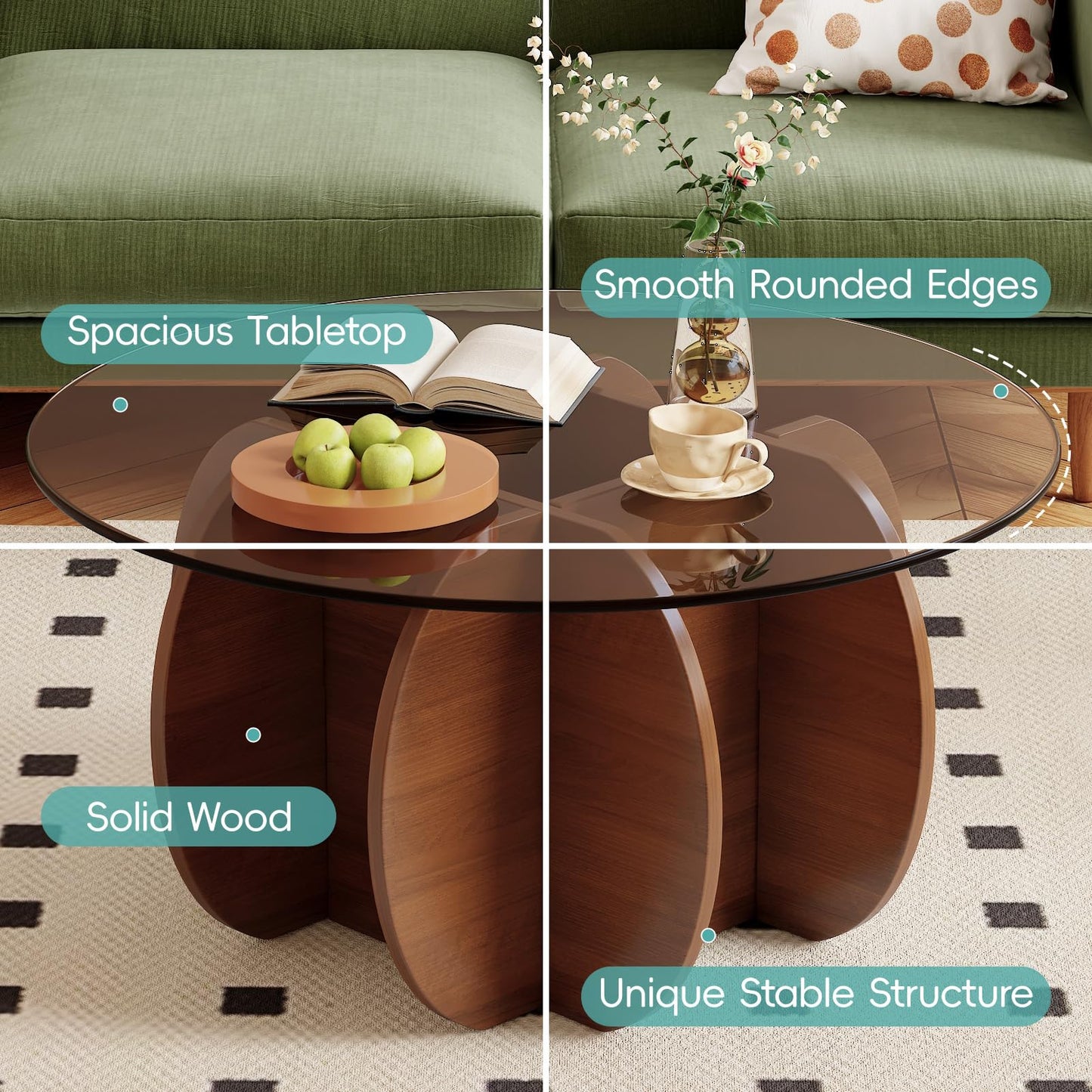 JCAJCA Coffee Table for Living Room Mid Century Modern Round Center Table with Glass Top and Wood, Walnut Brown