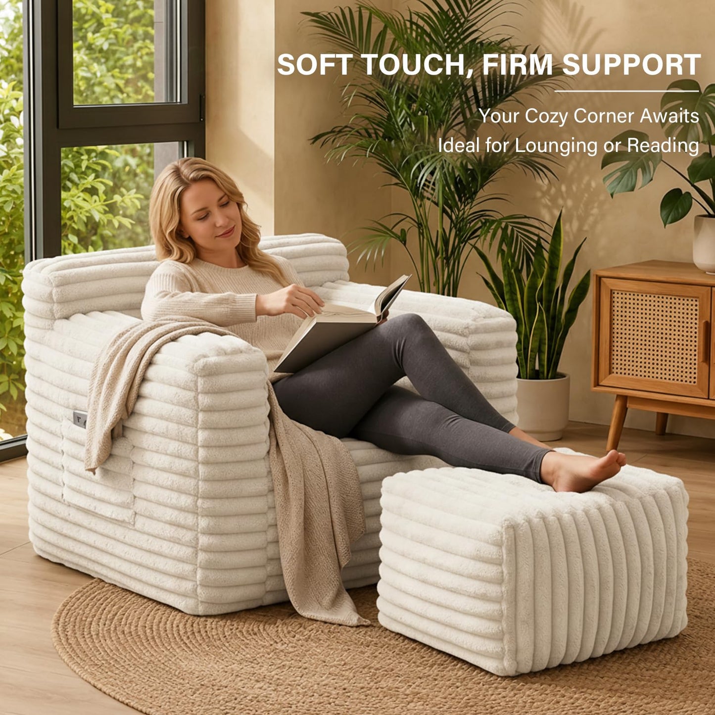 Tiita Bean Bag Chair with Footrest for Adults, Foam Lounge Chair with Back Support and Armrests, Soft Corduroy Cover, Removable Washable Sofa Chair for Reading, Gaming, Beige