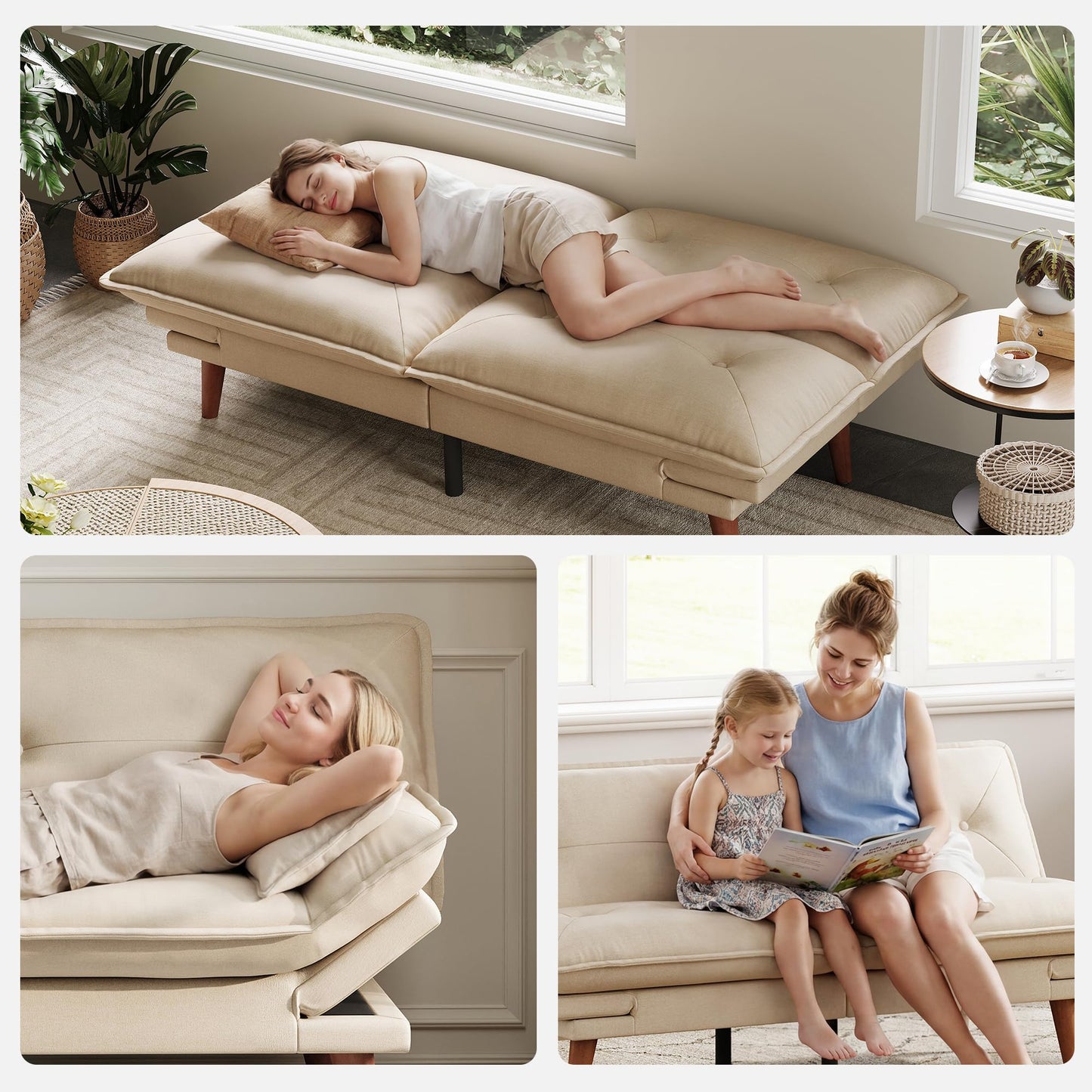 LINSY HOME Futon Sofa Bed, 70" Chenille Futon Couch with Adjustable Backrest Armrest, 3 in 1 Convertible Comfy Loveseat Sleeper Sofa Bed for Small Spaces Dorm Room Apartment Home Office(Khaki)