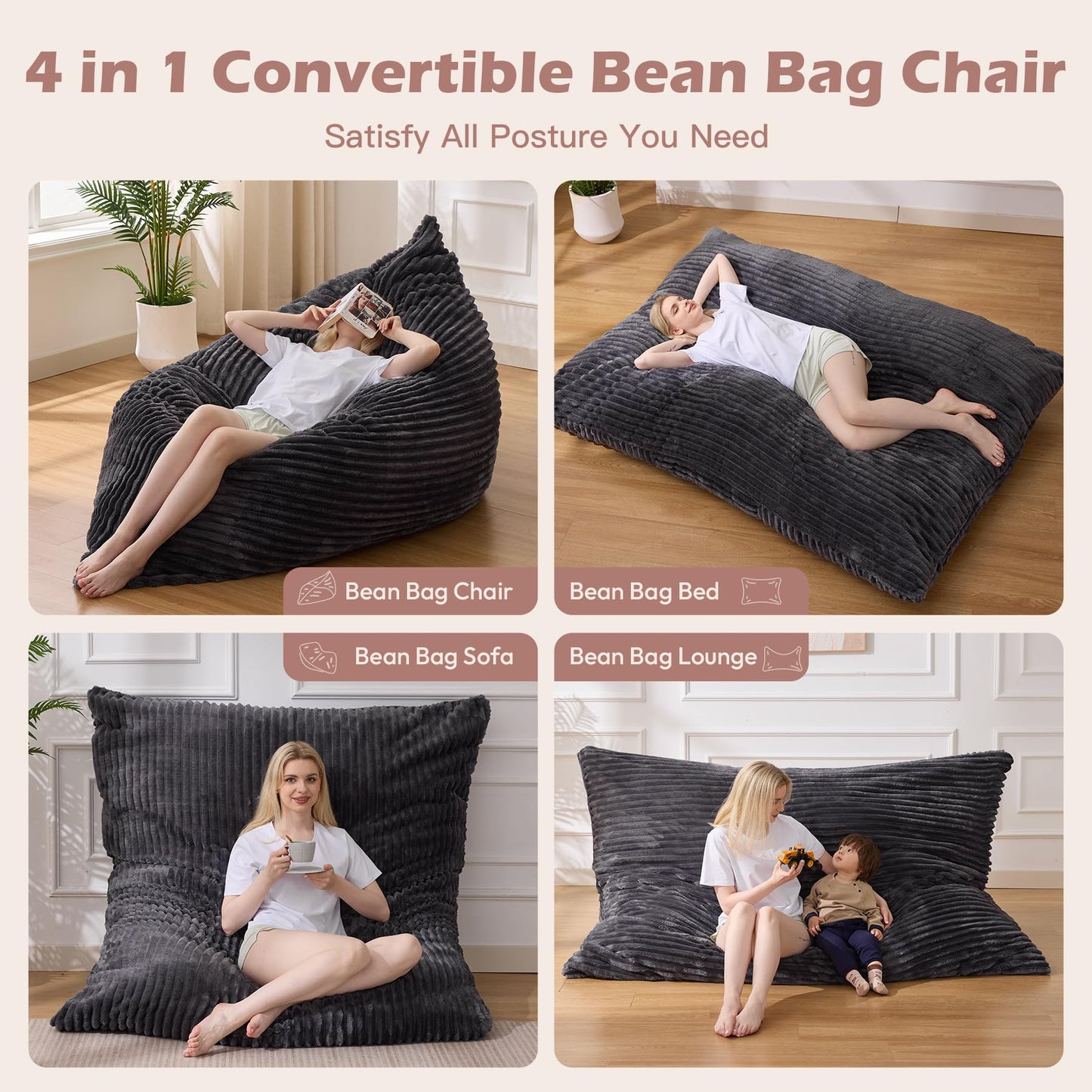 MuaMelop Bean Bag Chair, Giant Bean Bag Chair, 4 in 1 Convertible Beanbag Chairs for Adults with Removable Cover, Memory Foam Floor Cushions, Living Room, Bedroom, Dark Grey