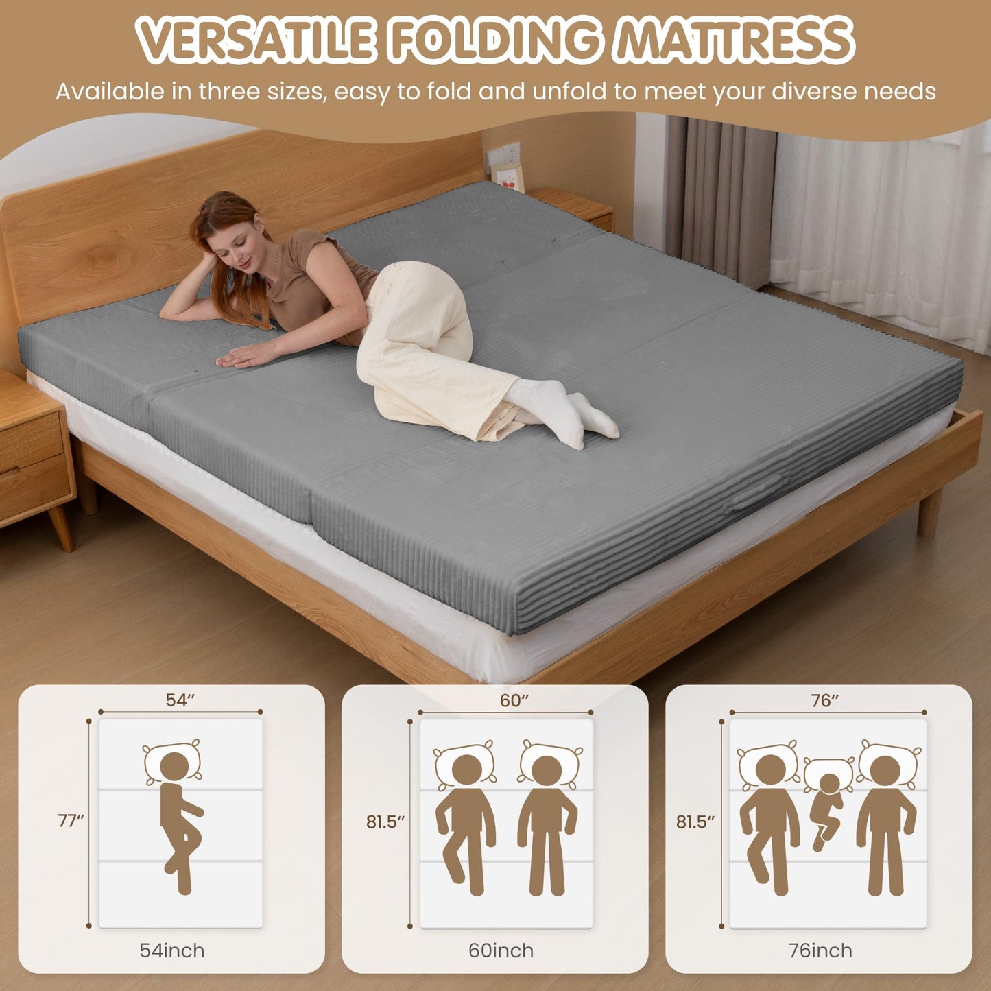 5-in-1 Convertible Sofa Bed,54" Boneless Couch Tri Folding Floor Mattress with Removable L-Shaped Armrests & Handle,Corduroy Futon Couch Sleeper with Pull Out Bed for Living Room Bedroom Apartment