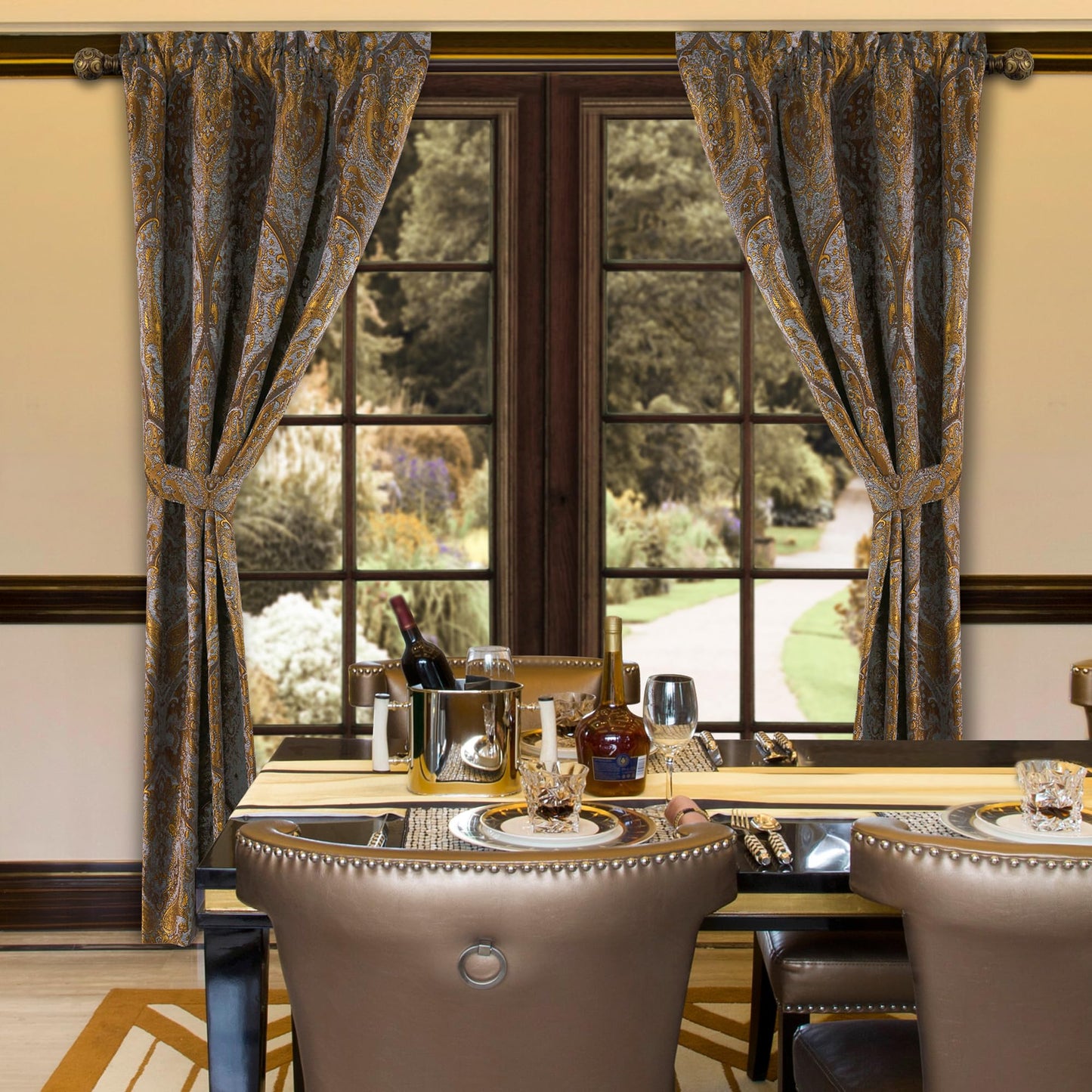 Loom and Mill Luxury Jacquard Curtains for Bedroom, Classic Antique Lined Damask Curtains 2 Panels with Tiebacks, Bronze Gold Window Curtain for Living Room Holiday Banquet Decor(52Wx84L, 2 Panels)
