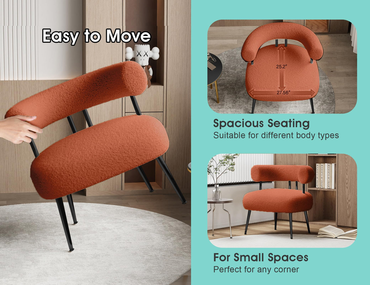 SEYNAR Mid Century Sherpa Boucle Accent Chair, Round Upholstered Barrel Arm Chair for Small Spaces, Fluffy Side Corner Sofa Chair for Living Room, Bedroom, Vanity, Office, Reading Nook（Orange）