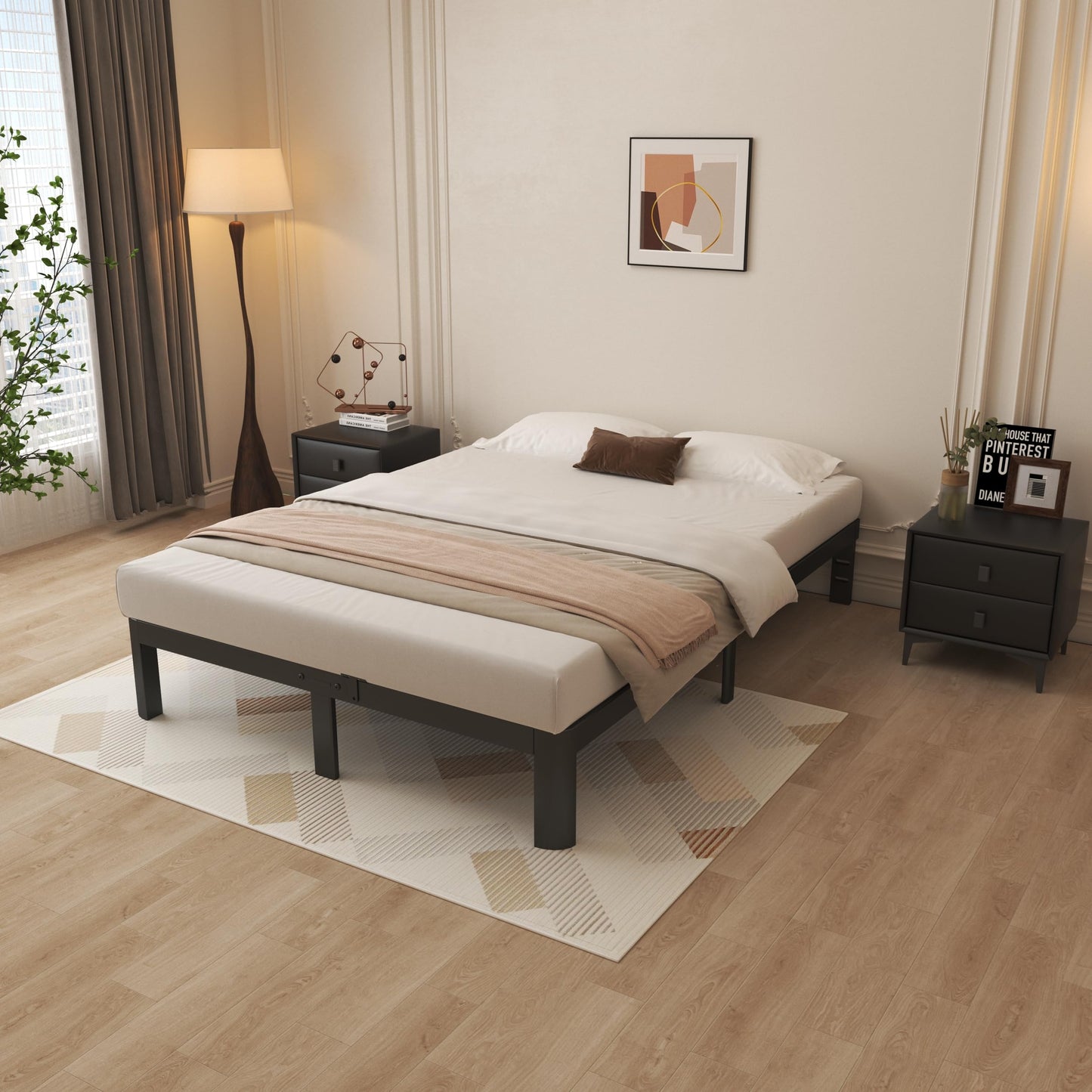 KOSOSO 10 Inch Full Size Bed Frame, Black Bed Frame Full with Metal Gaskets, No Box Spring Needed, Rounded Corner Design, Heavy Duty Steel Platform Support, Reserved Holes, Storage Space, Noiseless