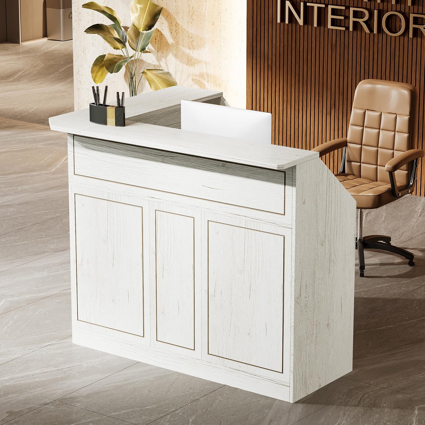 Tribesigns Reception Desk with Storage Shelves, L-Shaped Modern Front Desk, Reception Counter Table for Small Office, Salon, Checkout, White