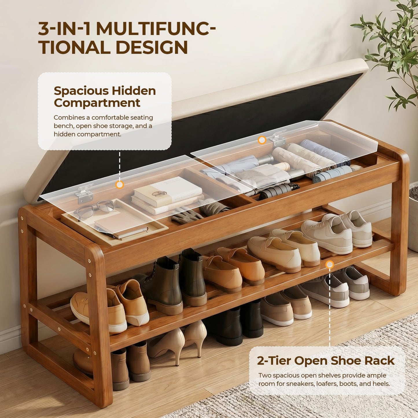 Moutosne Shoe Rack Bench with Cushion, 2-Tier Entryway Bench with Storage for Front Entrance, Hallway Living Room Bedroom (Brown, 31.5")