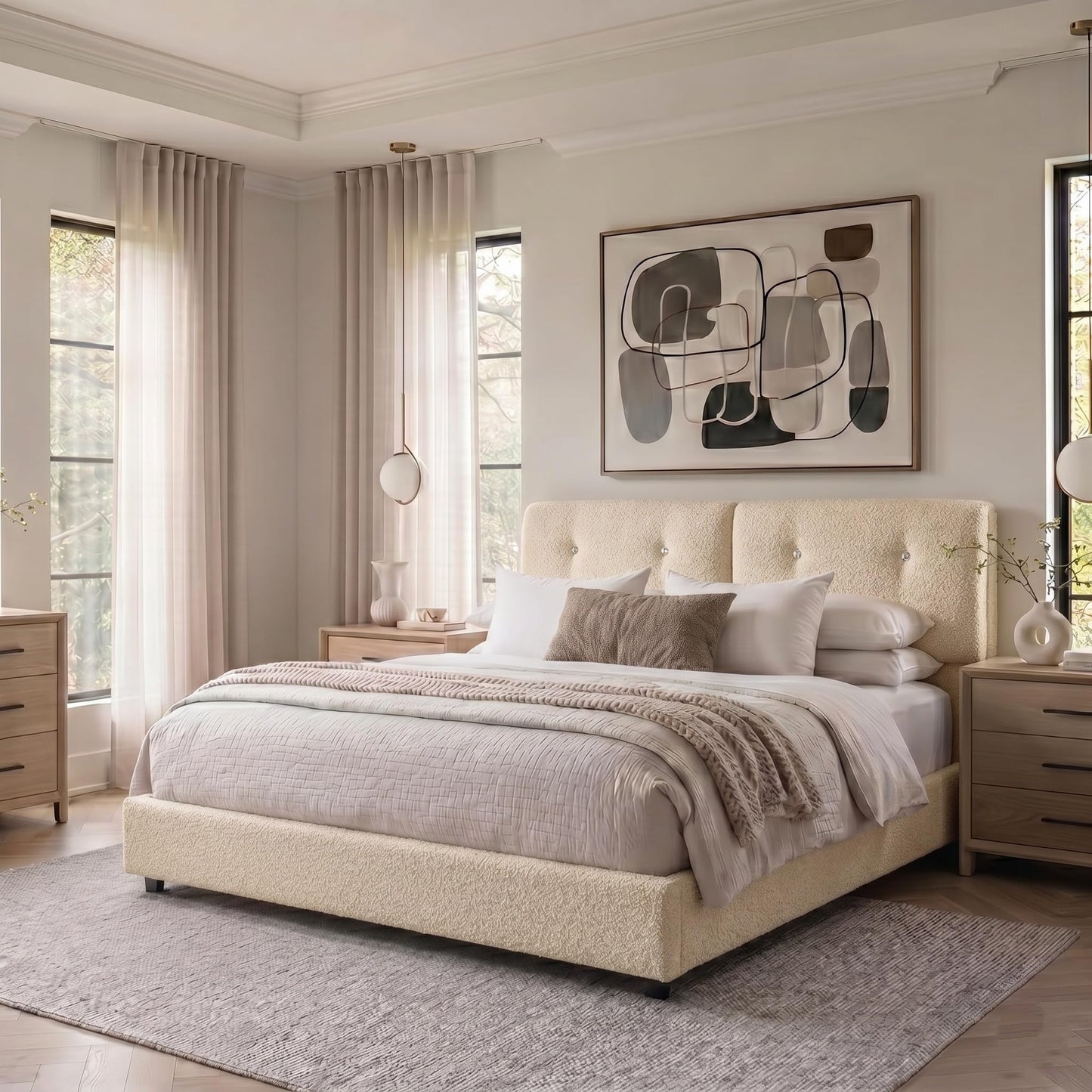 IMMERSTABLE Full Size Bed Frame with Headboard, Boucle Upholstered Bed Frame, Removable and Washable, No Box Spring Needed, Wood Slat Support, Easy Assembly, Beige