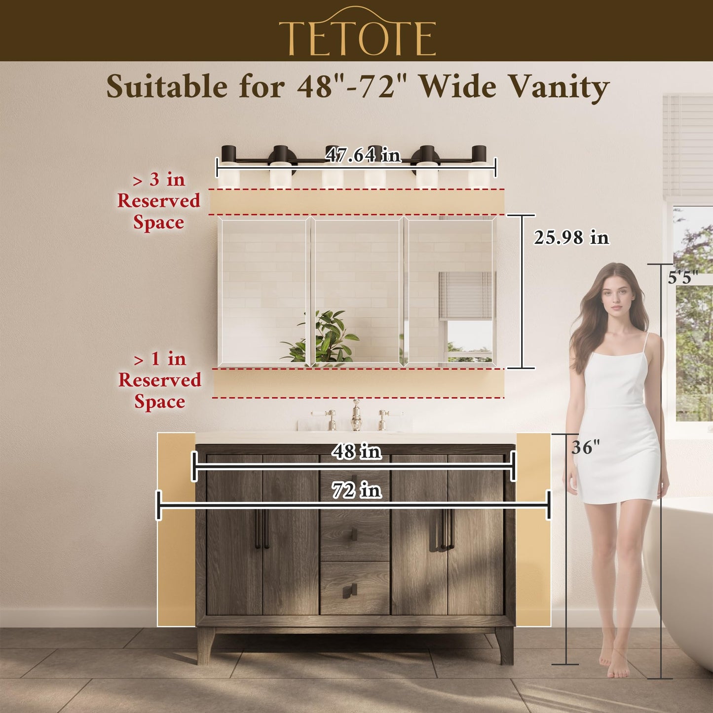 TETOTE 48 x 26 Medicine Cabinet with Tempered Beveled MirrorSilverVanity Mirror with Storage Aluminum Cabinet DTC Hinges, Stepless Adjustable Shelves, Recessed/Surface-Mounted