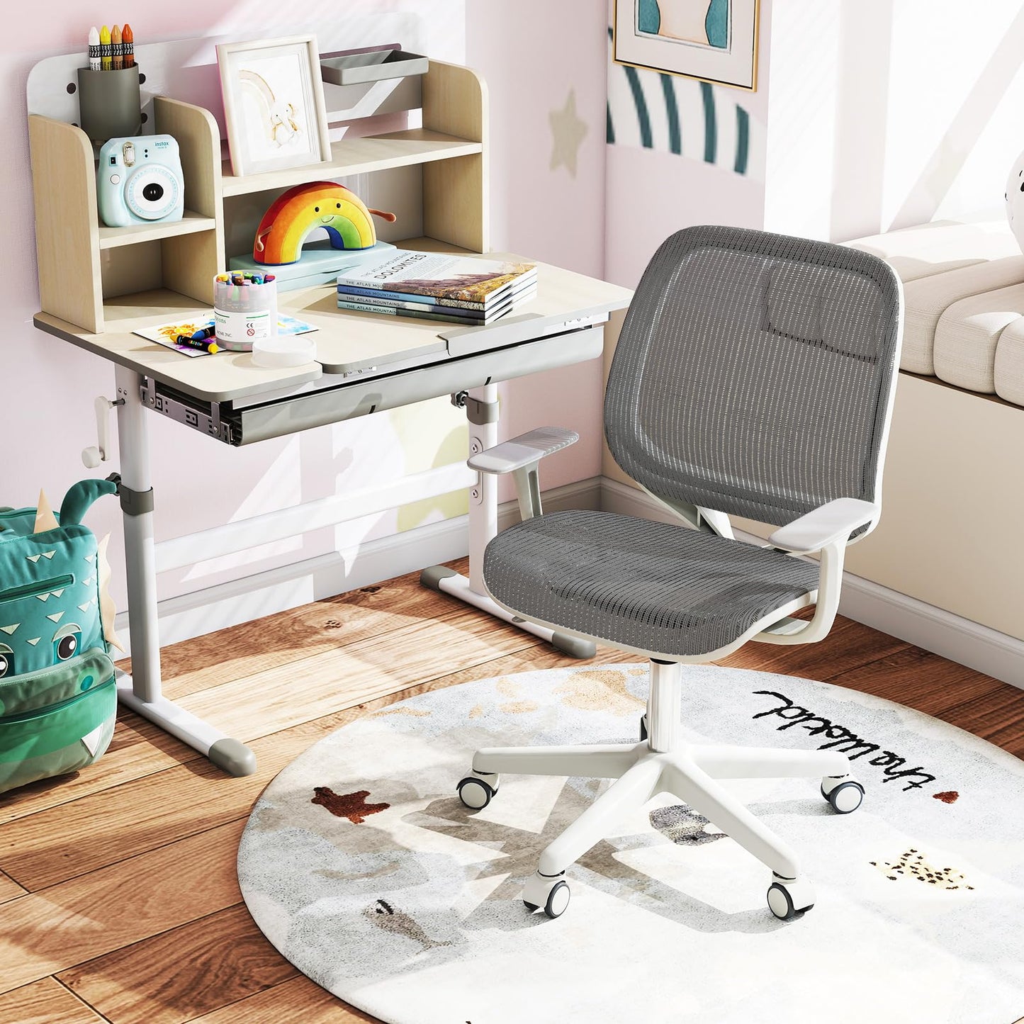 Costzon Kids Desk Chair, Height Adjustable Children Study Computer Chair with Armrests, Sit-Brake Casters, Swivel Mesh Task Chair for Boys Girls Teens Students, Kids Chair for Home, Office (Gray)