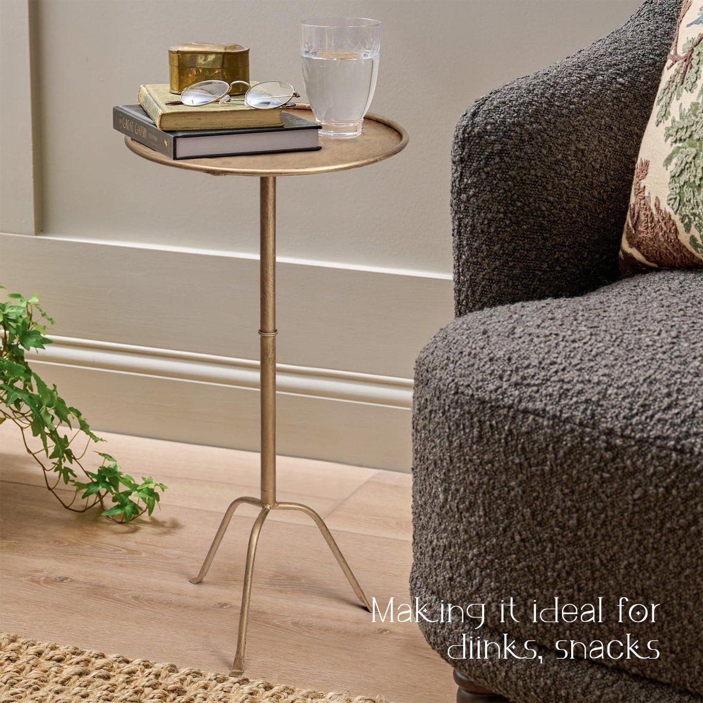 SUJUN Metal Martini Side Table, Antique Brass – Compact Art Deco Design, Raised Edge, Easy Assembly, 12.5" Diameter, 27.5" Height, Stylish and Functional Cocktail Table